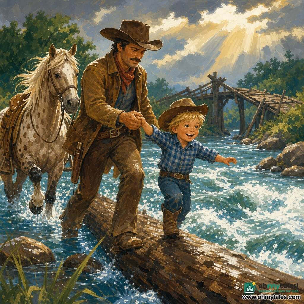 A tanned-faced cowboy with a thin mustache, brown hat and dusty leather jacket wears a determined, reassuring expression as he firmly holds the hand of a four-year-old boy with tousled blond hair, laughing eyes, a small blue plaid shirt and mini cowboy hat while the child carefully steps along a large log; a spotted mare named Daisy with a flowing mane and rain-slick flanks stands behind them with a raised hoof ready to cross; they traverse a wide, fast river with white rapids, pebble banks, tall wet grass, dark-leaved trees and a broken bridge in the background after a storm, water splashing under a still-cloudy sky pierced by sun rays, evoking adventure and solidarity.