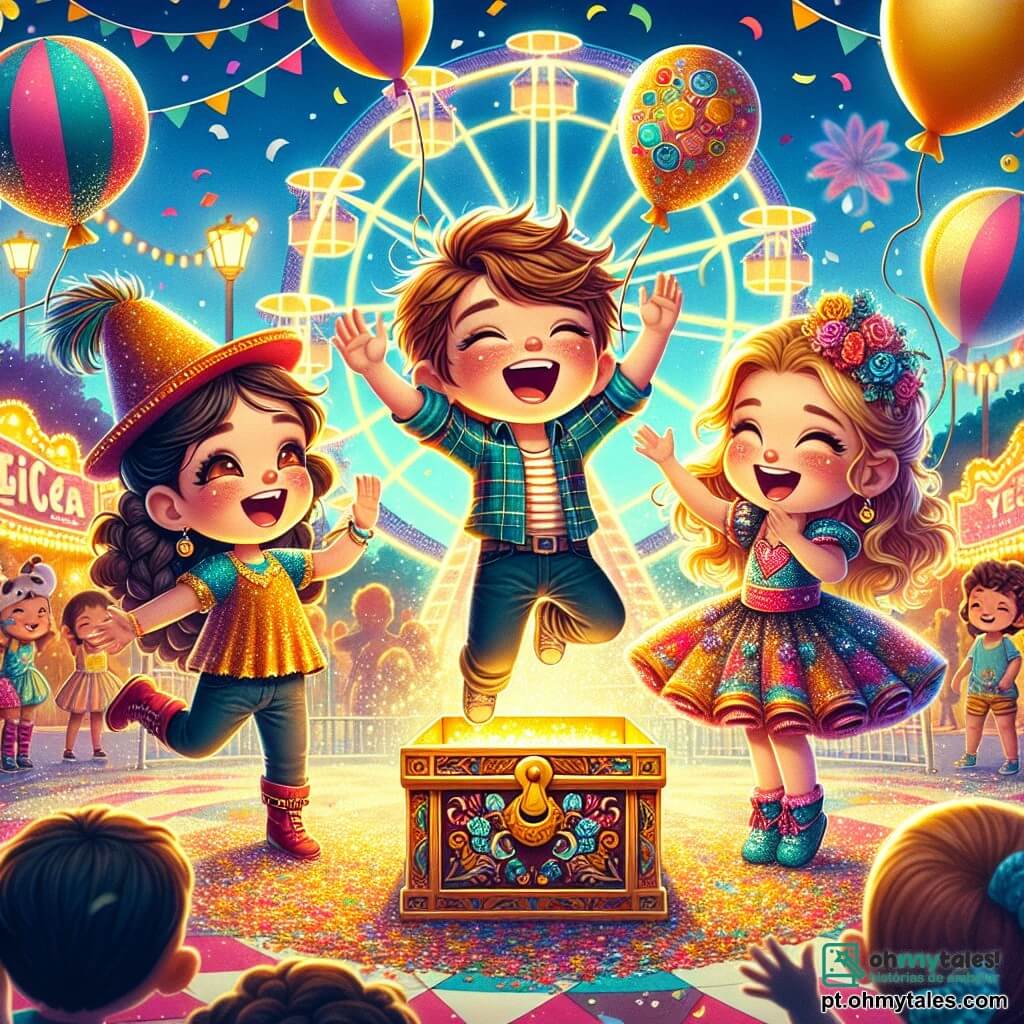 No centro da imagem, Miguel, um garoto de 8 anos com cabelos castanhos bagunçados e um sorriso radiante, está pulando de alegria, segurando um grande balão colorido. À sua direita, Luísa, uma menina de 7 anos com longos cabelos loiros trançados e uma fantasia de carnaval brilhante, levanta os braços para o alto, cercada por confetes que caem ao seu redor. À esquerda, Sofia, uma menina de 6 anos com cabelos cacheados e um vestido colorido com estampas de flores, observa a caixa dourada que acabaram de descobrir, com os olhos arregalados de admiração. O cenário é um parque vibrante de cores, cheio de decorações de carnaval: guirlandas de flores, balões flutuantes e barracas de jogos. Ao fundo, uma roda-gigante gira lentamente, iluminada por luzes cintilantes, enquanto crianças riem e dançam ao redor de uma fonte mágica que espirra água colorida. A cena principal mostra os três amigos descobrindo juntos uma caixa dourada perto da fonte, cheia de confetes e serpentinas, simbolizando a alegria e a amizade, enquanto se preparam para celebrar seu tesouro juntos.