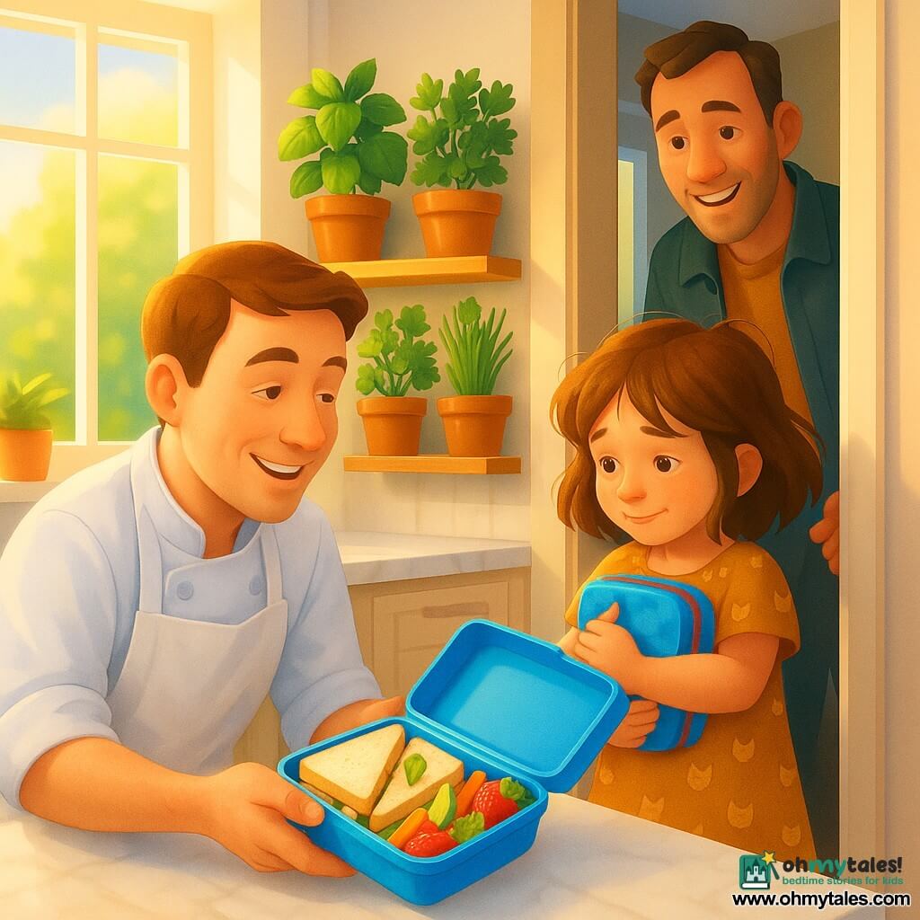 A kind smiling chef in his thirties with short brown hair and a white apron dusted with flour crouches to hand a colorful plastic lunchbox to a shy 8-year-old girl, Lila, with messy brown hair in a cat-print dress who holds it to her chest, while the father, about 40, stands in the doorway smiling gratefully; bright modern kitchen with white marble counters, a light-wood herb shelf (basil, mint, parsley, chives), morning light, small flour spots and shiny utensils; lunchbox open showing basil-topped sandwich triangles, cucumber wedges, carrot ribbons and strawberries with mint; warm, vibrant colors, soft depth of field, realistic textures, modern gradient-mesh graphic style with clear silhouettes, child-friendly shapes.