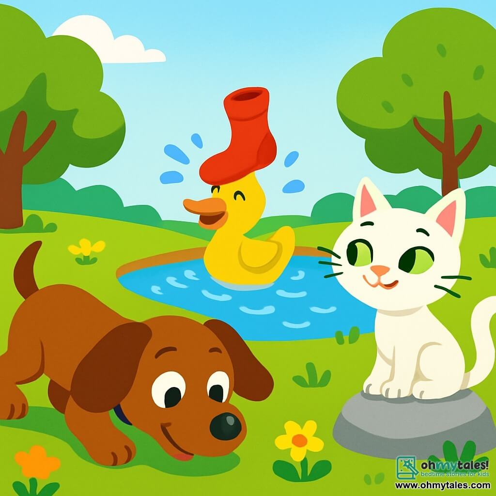 A joyful dog, Benny, with brown fur and floppy ears, is desperately searching for his red sock. His eyes shine with excitement and curiosity as he eagerly sniffs the ground. Next to him, Bella, a graceful cat with white fur and green eyes, watches with a mischievous smile, sitting on a stone, ready to help. Further away, Momo, a duck with bright yellow feathers, is splashing water from the lake, wearing the red sock on his head like a hat. The setting is a lovely sunny park with lush trees, colorful flowers, and a sparkling pond. The scene depicts Benny and Bella searching for the sock while Momo waddles joyfully, creating a fun and lively atmosphere.