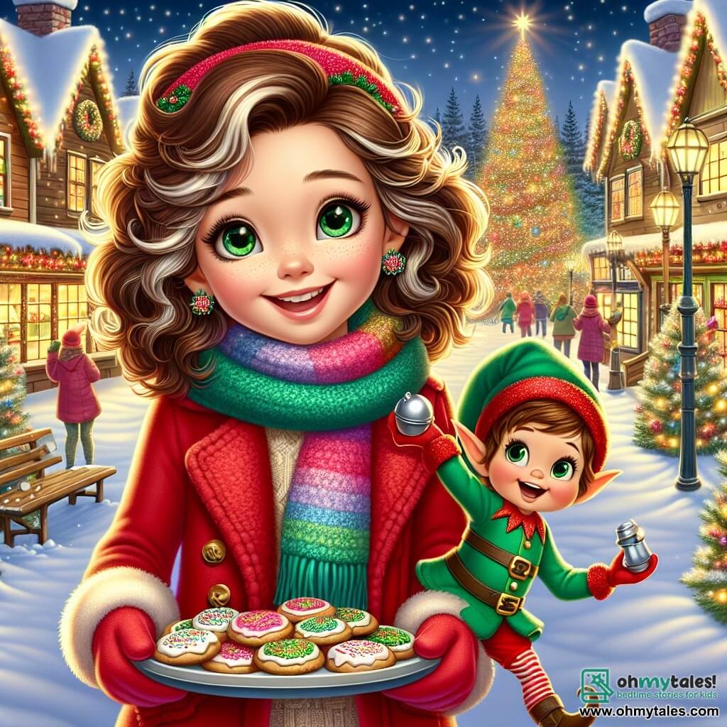 An 11-year-old girl, Elara, with beautiful curly brown hair and sparkling green eyes, stands at the center of the scene, a wide smile lighting up her face. She wears a bright red coat, a colorful wool scarf, and matching gloves while holding a large plate of decorated cookies with shimmering icing, ready to share with her friends. Next to her, a small elf named Tinsel, with pointy ears and a shiny green outfit, jumps for joy, his eyes sparkling with excitement. He holds a small silver bell that glitters under the Christmas lights. In the background, the village of Frostwood is beautifully decorated for Christmas, with wooden houses topped with snow, twinkling lights, and a large illuminated Christmas tree in the center of the square, surrounded by joyful families. The scene depicts Elara and Tinsel, surrounded by laughter and joy, as they share cookies with children from the village, creating a festive and warm atmosphere full of magic and Christmas spirit.