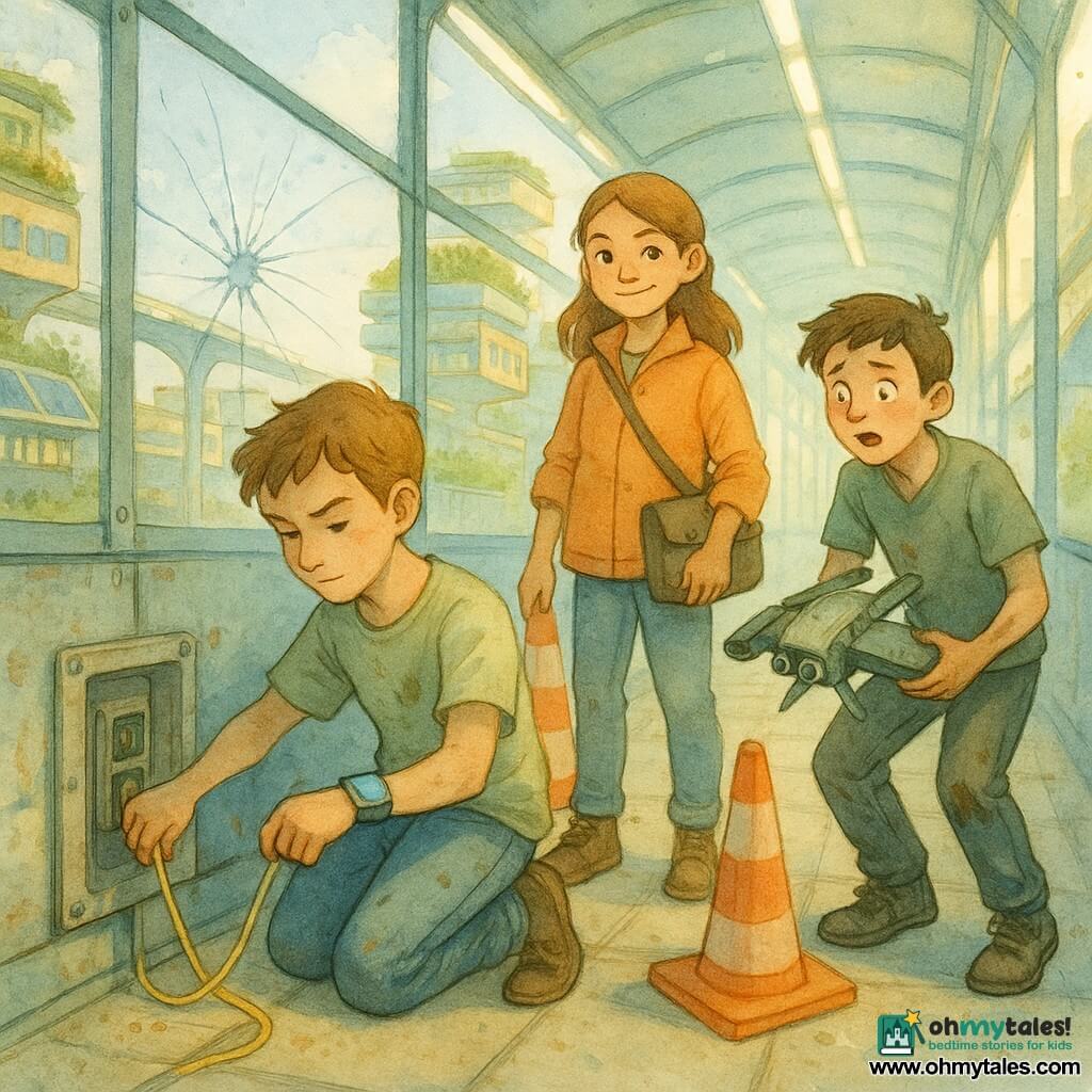 A 12-year-old boy (Milo) kneels before a small technical box set into the glazed corridor wall, focused with furrowed-but-soft brows, thin quick hands, pale green oil-stained tee and worn jeans, plugging in a glowing cable while checking his wrist display; beside him a confident 12-year-old girl (Zia) in a light orange jacket with a tool satchel sets safety cones at the glazed passage entrance, and a slightly older girl (Nova, ~13) crouches back a little, short-haired and grease-stained, holding a flat service drone with folded wings, worried but relieved, watching a fan-shaped crack in the glass; the setting is the Windowway of an old-quarter in a futuristic city—an elevated glass-paneled corridor with slim metal bays, visible modular joints, thin LED edge lights, rooftop gardens and stacked modules in the background; the repair is underway: Milo resynchronizes a sound unit, Nova prepares a resin tape from her drone, Zia secures the passage as the crack slowly seals, the mood one of cooperation and focus in soft watercolor tones (pale blues, grassy greens, warm golds) with controlled splashes suggesting urban vibrancy.