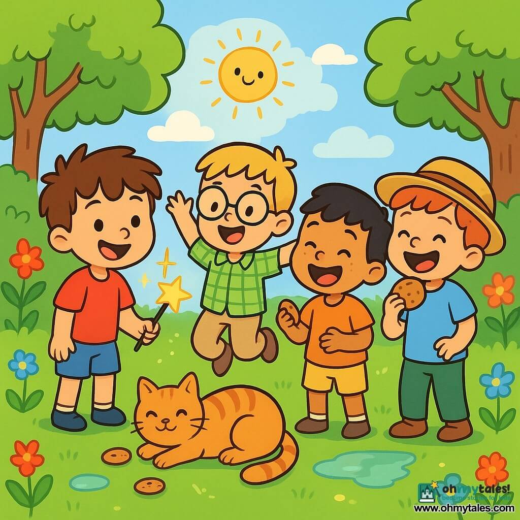 There are 4 children: Pip, a 4-year-old boy with messy brown hair and a mischievous smile, wearing a red t-shirt and blue shorts, holding a sparkling magic wand; Max, a 4-year-old boy with blond hair and round glasses, dressed in a green plaid shirt and beige pants, jumping with joy next to Pip; Jax, a 4-year-old boy with black hair and freckles, wearing an orange t-shirt and yellow shorts, laughing while holding a cookie; and Toby, a 4-year-old boy with red hair and a straw hat, laughing with a cookie that just jumped into his mouth, dressed in a light blue t-shirt and green pants. The children are in a sunny garden filled with colorful flowers and tall green trees. In the center, a large green lawn is dotted with shiny puddles, and a soft-furred cat relaxes nearby. The main scene shows the children trying to do magic with the wand. Pip points the wand at the cat while Max, Jax, and Toby watch with wide eyes, laughing and waiting for the cat to say "thank you." Cookies are scattered around them, and the atmosphere is joyful and full of laughter.