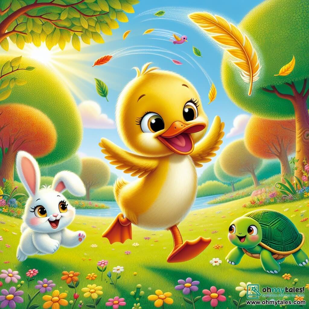 Dilly, the joyful duck, has shiny yellow feathers and a big smile on her face. She is running enthusiastically with her wings slightly spread to catch her precious golden feather flying in the air. Next to her, Bella, the little rabbit with big ears and white fur, jumps excitedly, her eyes sparkling with encouragement. Tilly, the turtle with a green shell and mischievous eyes, moves quickly on her little legs, watching Dilly with admiration. The scene takes place in a beautiful clearing surrounded by trees with vibrant leaves and colorful flowers dancing in the wind. The sun shines brightly, illuminating the sparkling stone path leading to the golden feather. The main situation shows Dilly in full sprint, determined to catch her flying feather while her friends cheer her on, creating an atmosphere of friendship and adventure.