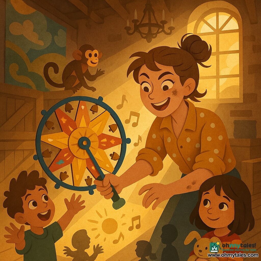 A mischievous, smiling female inventor with chestnut hair in a messy bun, grease-stained fingers and rolled-up polka-dot sleeves gently turns the colorful wooden-and-metal "Sunshine Spinner" wheel that emits dancing shadows and soft chimes; nearby an astonished curly-haired boy, about eight, raises his hands, a shy six-year-old street girl in a red-and-yellow striped dress clutches a stuffed toy and watches the projected light, and a curious squirrel-monkey with a bushy tail perches on a windowsill as if applauding, all inside an old wooden theater with worn floors, painted backdrops, dusty chandeliers, stacked crates and golden light streaming through a high window.