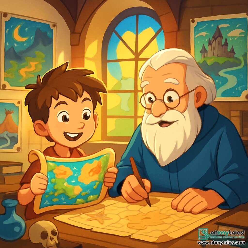 An 8-year-old boy named Oliver, with sparkling eyes and messy brown hair, stands in the center of a magical workshop, his face lit up with wonder. He holds a map scroll in his hands, gazing at a beautiful plan drawn in bright colors. Beside him, an elderly man named Atlas, around 70 years old, with a long white beard and round glasses, smiles kindly while drawing lines on a large parchment. Their figures are surrounded by fantastical maps hanging on the walls of a workshop filled with ancient books and mysterious objects. The place is bathed in golden light filtered through large stained-glass windows, creating a warm and inspiring atmosphere. The main scene shows Oliver and Atlas engaged in a discussion, sharing ideas on how to turn dreams into reality in a joyful and creative exchange.