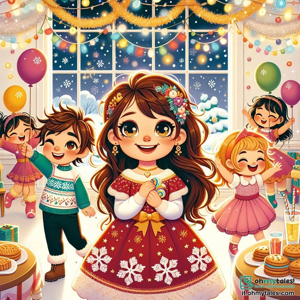 Una bambina di 3 anni, Sofia, con lunghi capelli castani e occhi scintillanti di gioia, è al centro dell'immagine. Indossa un bel vestito rosso con motivi di fiocchi di neve e sorride ampiamente, tenendo palloncini colorati nelle mani. Accanto a lei c'è il suo amico Marco, un ragazzo di 4 anni con capelli biondi arruffati e un maglione verde, che ride mentre tiene un biscotto in mano. Poco più in là, Giulia, una bambina di 3 anni con capelli castani e un vestito rosa, balla felicemente agitando festoni. La scena si svolge in un salotto accogliente, decorato con ghirlande scintillanti e luci colorate, con un grande tavolo pieno di deliziosi biscotti e bevande frizzanti, mentre una finestra mostra la neve che cade dolcemente all'esterno. La situazione principale mostra Sofia e i suoi amici che celebrano il Capodanno, circondati da decorazioni festive, ridendo e giocando insieme, pieni di eccitazione e aspettativa per il nuovo anno in arrivo.
