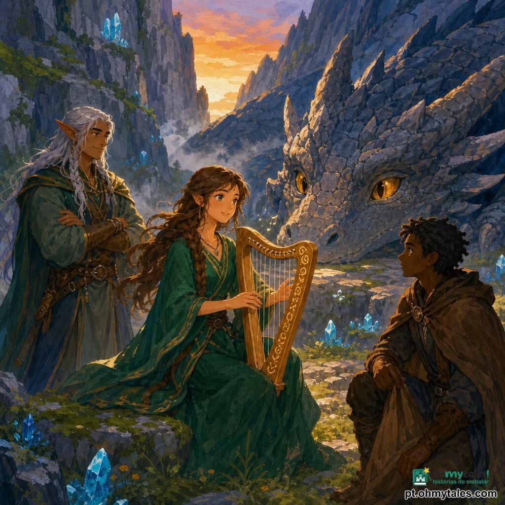 Aria, jovem mulher (~18 anos) ao centro, concentrada e serena, cabelos castanhos compridos trançados, vestido verde-esmeralda agitado pelo vento, segurando uma harpa de madeira clara com runas e tocando uma melodia, olhos brilhando com luz suave; Eldrin, elfo homem (~40 anos) à esquerda um pouco atrás, cabelos prateados e orelhas pontiagudas, sorriso benevolente, braços cruzados, observando como guia; Lys, jovem homem (~20 anos) à direita, casaco marrom, postura alerta mas tranquila, segurando uma capa e olhando para Aria. Cenário: desfiladeiro rochoso ao crepúsculo, paredes de pedra cinzenta, musgo verde, pequenos cristais azuis incrustados e névoa leve no chão. Ao fundo, grande dragão de pedra de escamas fissuradas despertando, olhos âmbar iluminados, focinho sobre uma laje, expressão de espanto mais que ameaça. Situação principal: Aria toca uma música calmante que desperta e convence o dragão; a cena mostra o primeiro olhar trocado entre musicista e criatura, atmosfera mágica, cores quentes no centro (laranjas e verdes) contrastando com azuis frios ao fundo. Estilo guache, traços suaves, texturas visíveis de pincel, composição centrada e legível para crianças, ambiente heroico e reconfortante.