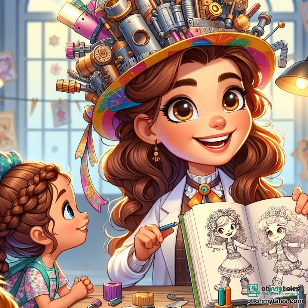 Au centre da imagem, Sofia, uma inventora alegre, usa um grande chapéu colorido decorado com várias ferramentas. Ela tem longos cabelos castanhos presos em um rabo de cavalo e um sorriso radiante, demonstrando seu entusiasmo por suas invenções. Sofia está mostrando um caderno de desenhos cheio de ideias a um grupo de crianças. À sua direita, Lucas, um menino de seis anos com cabelos cacheados e óculos redondos, está inclinado sobre uma mesa, colando peças de sua invenção, um pequeno robô feito de materiais recicláveis. À sua esquerda, Maria, uma menina de cinco anos com tranças e um vestido florido, observa com admiração o caderno de Sofia, seus olhos brilhando de curiosidade. A cena ocorre no ateliê iluminado e colorido de Sofia, cheio de caixas de materiais recicláveis, engrenagens brilhantes e desenhos pendurados nas paredes. Raios de sol entram pelas janelas, iluminando o espaço criativo. A situação principal mostra Sofia e as crianças colaborando alegremente para inventar um robô, ilustrando o espírito de equipe e a magia da criatividade.