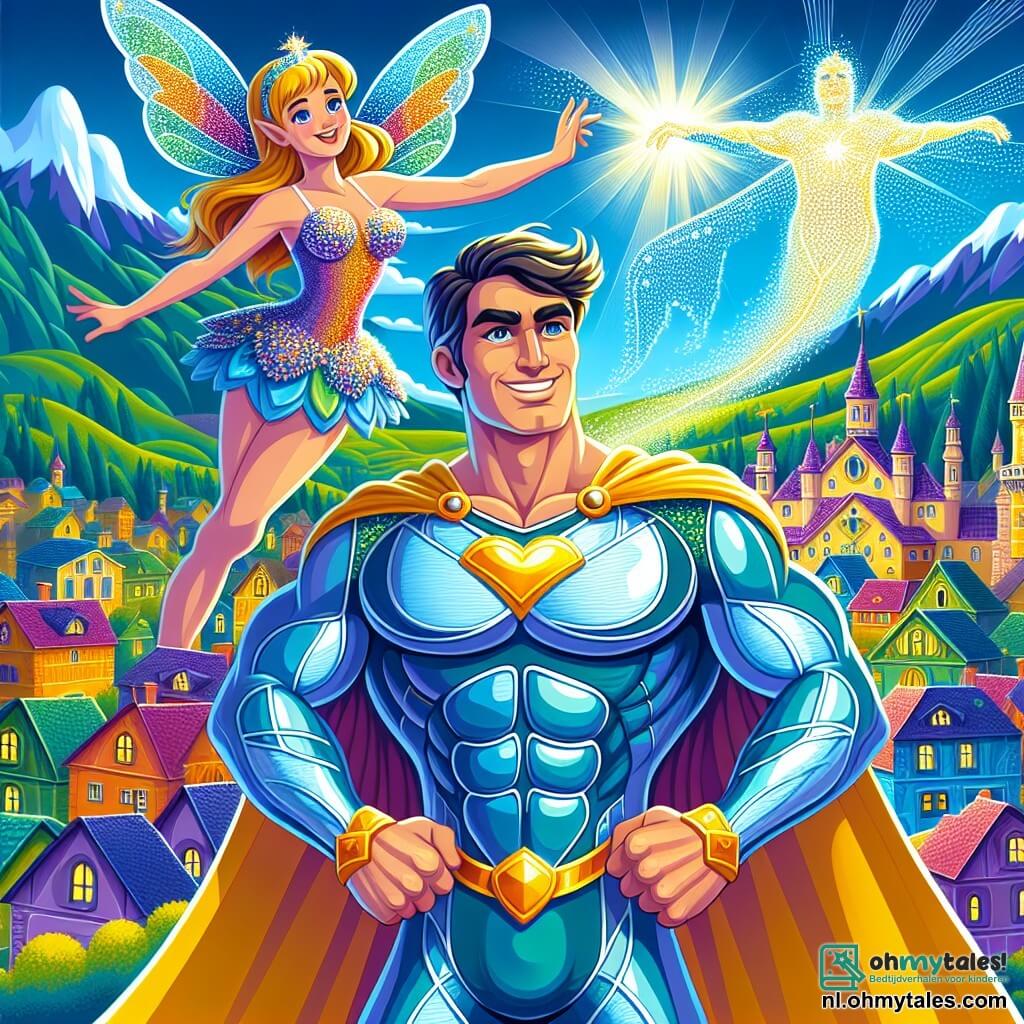 In het midden van de afbeelding staat Bliksemman, een grote en gespierde man in een glanzend blauwe kostuum met een gele cape die in de wind wappert. Hij heeft een glimlach op zijn gezicht en zijn ogen stralen vastberadenheid uit terwijl hij zich voorbereidt om de schurken te confronteren. Aan zijn rechterkant staat de Vliegende Vrouw, een jonge vrouw van ongeveer 25 jaar met lang, goudkleurig haar, gekleed in een kleurrijke outfit en met glinsterende vleugels. Ze zingt vrolijk om de schurken af te leiden. Aan zijn linkerkant staat de Sterrenstrijder, een man van een dertigtal met een goed verzorgde baard en een sterrenkostuum, die zijn armen opheft om een prachtige sterrenlicht te creëren die de scène verlicht. De achtergrond toont een kleurrijk dorp met huizen in levendige tinten van paars, groen en oranje, omringd door majestueuze bergen onder een blauwe lucht met witte wolken. In de verte is een grote zwarte schaduw te zien die de naderende schurken vertegenwoordigt, wat spanning aan de afbeelding toevoegt. De hoofdsetting toont Bliksemman en zijn vrienden verenigd, klaar om hun dorp te verdedigen tegen de schurken, met bliksemschichten en schitterende sterren om hen heen, wat hun moed en vastberadenheid symboliseert om hun huis te beschermen.