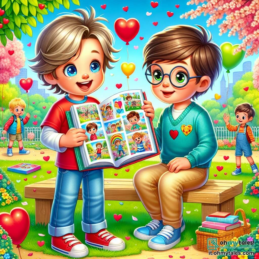 Un ragazzo di 11 anni, Marco, si trova al centro dell'immagine, con i capelli castano chiaro in disordine e occhi blu brillanti di eccitazione. Indossa una maglietta rossa con un cuore disegnato sopra e jeans casual. Marco sorride ampiamente, tenendo un album colorato pieno di foto, simbolo della sua amicizia con i compagni. Alla sua destra, Luca, un altro ragazzo di 11 anni, ha i capelli castani e occhiali tondi. È seduto su una panchina, guardando con meraviglia l'album che Marco gli mostra. Indossa un maglione blu e pantaloni beige, e il suo viso è illuminato da un grande sorriso. Sullo sfondo, il parco è pieno di colori vivaci: alberi in fiore con foglie verdi brillanti, palloncini rossi che fluttuano nell'aria e bambini che giocano gioiosamente. Cuori di carta decorano le panchine e il terreno, creando un'atmosfera festosa. La scena principale mostra Marco e Luca che condividono un momento di amicizia, con Marco che mostra orgogliosamente il suo album pieno di ricordi, mentre gli amici giocano intorno a loro, celebrando la magia di San Valentino.