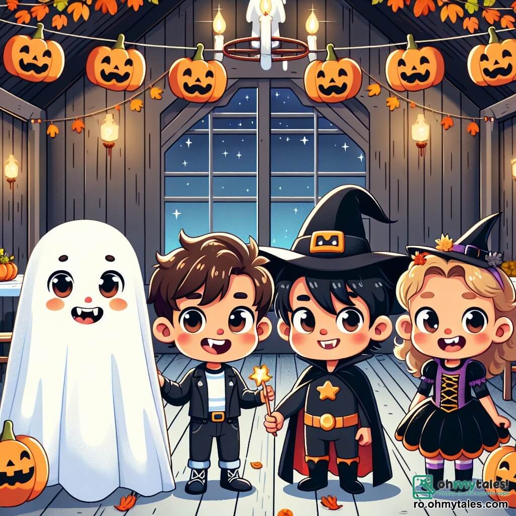 Într-o fermă fermecătoare decorată pentru Halloween, patru copii sunt adunați. În stânga, Andrei, un băiat de cinci ani cu părul castaniu în dezordine, poartă un costum de fantomă dintr-un cearceaf alb, având ochi rotunzi și curioși. Lângă el, Mihai, un băiat de șase ani cu părul negru, este costumat în super-erou cu o pelerină roșie și o mască, zâmbind larg. În dreapta, Elena, o fetiță de cinci ani cu părul blond și creț, este îmbrăcată într-un costum de vrăjitoare, cu o rochie neagră și o pălărie ascuțită, ținând o baghetă magică strălucitoare. În cele din urmă, un al patrulea copil, un băiat de șase ani numit Radu, este costumat în vampir, cu dinți ascuțiți și o pelerină neagră, râzând cu poftă. Ferma este iluminată de felinare în formă de dovleac, creând o atmosferă călduroasă și festivă. Atmosfera este veselă și magică, surprinzând spiritul Halloween-ului.