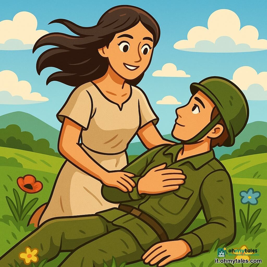 Giulia, una donna di circa trent'anni, si trova con determinazione in mezzo a un campo verdeggiante, i suoi lunghi capelli castani che fluttuano nel vento. Il suo viso esprime profonda compassione, con occhi brillanti e un sorriso rassicurante. Indossa un semplice vestito di lino, leggermente stropicciato, e tiene tra le braccia un giovane soldato ferito, Marco, un ragazzo di circa 20 anni, con capelli castani e lineamenti segnati dalla fatica. Marco, sdraiato sull'erba, guarda Giulia con gratitudine, la mano posata sul cuore. Il paesaggio è rurale, con colline verdi sullo sfondo, fiori colorati sparsi intorno a loro e un cielo blu punteggiato di nuvole bianche. La luce del sole illumina la scena, creando un'atmosfera calda e piena di speranza. La situazione principale mostra Giulia che si prende cura di Marco, offrendogli un sostegno inestimabile in un momento di vulnerabilità, simboleggiando l'amicizia e la solidarietà di fronte all'avversità della guerra.