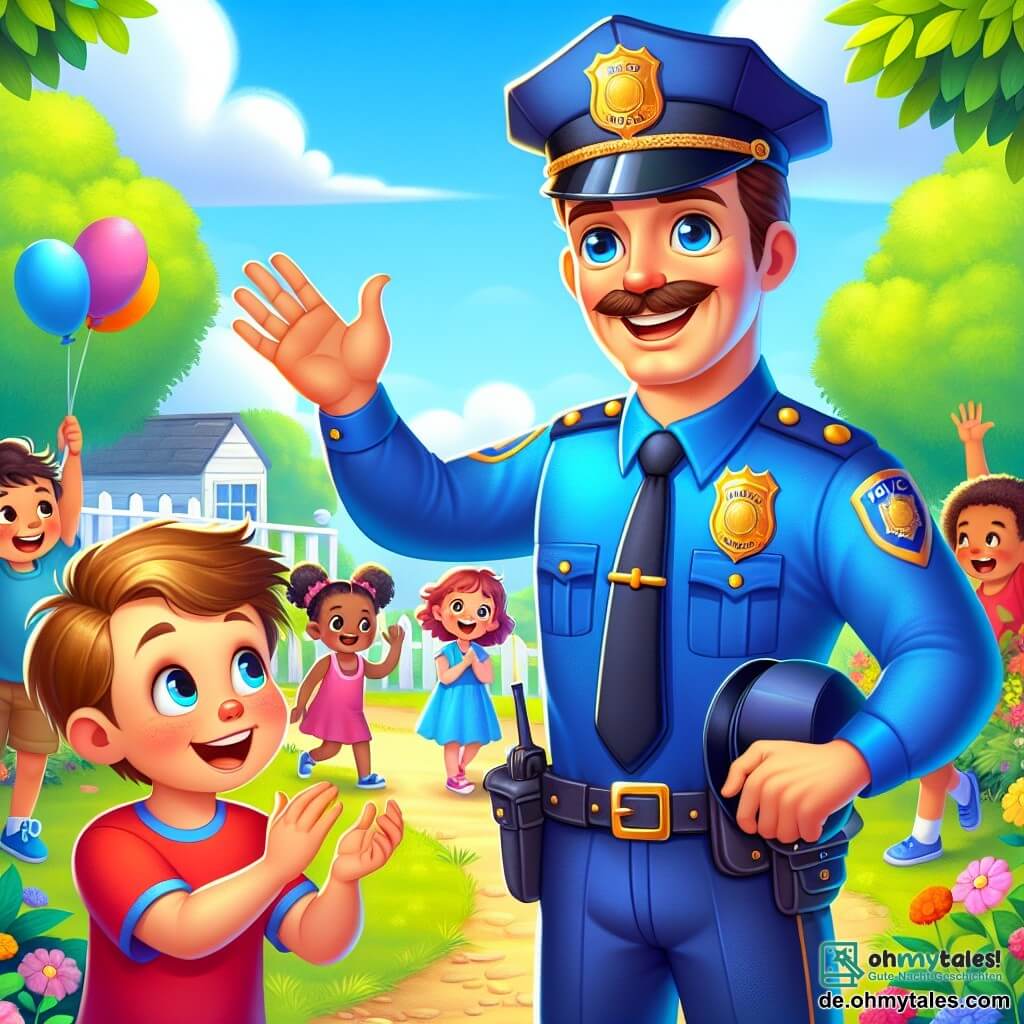 Ein Polizist namens Herr Blau, ein lächelnder Mann in den Vierzigern, trägt eine glänzende blaue Uniform und einen großen Polizeihut. Er steht freundlich mit offenen Armen da, bereit, die Kinder zu empfangen. Seine Haare sind braun und er hat einen gut gestutzten Schnurrbart. Neben ihm schaut ein etwa 7-jähriger Junge mit blonden Haaren und funkelnden Augen bewundernd zu. Er trägt ein rotes T-Shirt und eine blaue Shorts und hebt die Hand, um den Polizisten zu grüßen. Etwas weiter applaudiert ein 6-jähriges Mädchen mit lockigem Haar und einem rosa Kleid fröhlich, ihr Gesicht strahlt vor Glück. Die Szene spielt in einem sonnigen Park mit üppigen grünen Bäumen, bunten Blumen und einem klaren blauen Himmel. Kinder spielen herum und Ballons schweben in der Luft. Die Hauptsituation zeigt, wie Herr Blau den Kindern die Bedeutung von Regeln und Sicherheit erklärt, während er sie ermutigt, freundlich und nett zu sein. Die Kinder hören aufmerksam zu, bereit zu lernen und Spaß zu haben.
