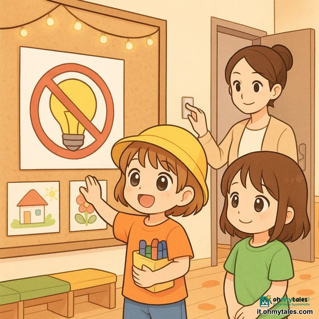 Marta, 4 anni, allegra e orgogliosa, con cappello giallo tondo e capelli castano chiaro corti, incolla contro il pannello un grande disegno colorato che mostra una lampadina barrata, mentre le lucine sulla bacheca vengono spente; accanto a lei Nora, circa 4 anni, timida ma sollevata, pelle chiara e capelli castani medio-lunghi, sorride guardando il disegno; un'insegnante donna di 30–40 anni, gentile coi capelli raccolti, è appena dietro vicino alla porta e preme un pulsante per spegnere le lucine; ingresso di un asilo luminoso e tranquillo con panche basse, armadietti colorati, pavimento in parquet chiaro e adesivi di passi; atmosfera dolce in stile manga infantile, colori pastello e texture da feltro e carta, composizione centrata sulle due bambine e sul pannello.