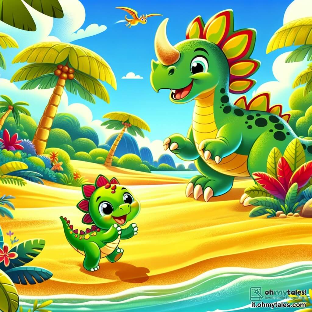 Un piccolo stegosauro di nome Dino, con la pelle verde e placche colorate sulla schiena, esprime grande gioia saltando sulla spiaggia di sabbia dorata, con gli occhi scintillanti di eccitazione. Accanto a lui, un triceratopo di nome Tino, con un grande cranio e corna maestose, sorride guardando Dino, pronto a seguirlo nell'avventura. Sullo sfondo, una foresta lussureggiante con alberi giganti dalle foglie brillanti e fiori colorati si estende fino all'orizzonte, mentre un cielo blu splendente illumina la scena. Dino e Tino si preparano a partire alla ricerca dell'alleato leggendario, pieni di entusiasmo e amicizia, pronti a esplorare l'isola misteriosa.