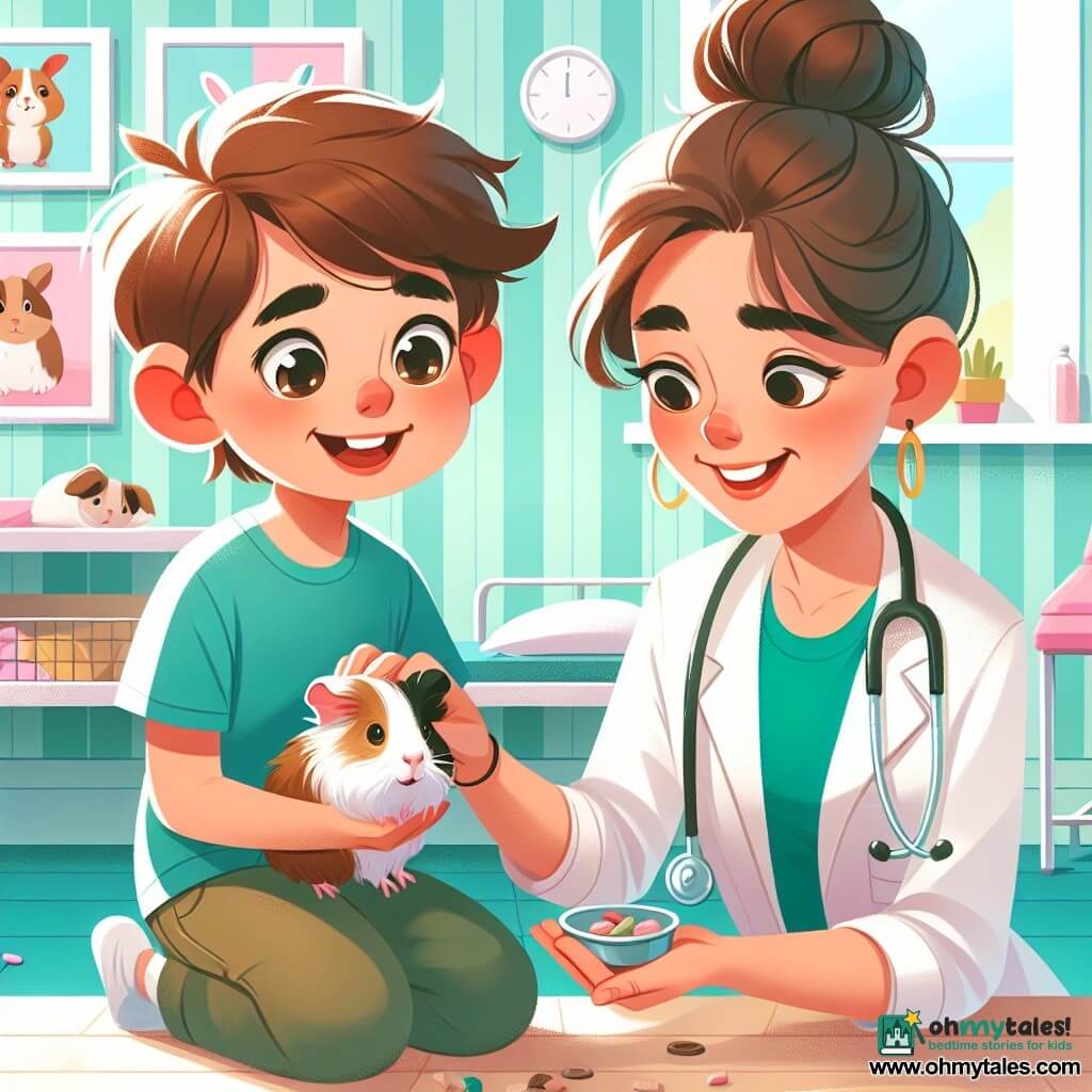 An 8-year-old boy with messy brown hair and sparkling curious eyes is crouched on the floor, gently holding a small guinea pig named Mr. Tibbles in his hands. He has a wide smile, showing his enthusiasm and kindness. Next to him, a woman in her thirties with brown hair tied in a bun and wearing a white veterinary coat proudly watches the boy. She has a stethoscope around her neck and smiles warmly, encouraging Jamie in his task. The scene takes place in a bright and welcoming veterinary clinic, with pastel green walls and animal posters hanging up. Animal toys are scattered on the floor, and fluffy blankets are laid out on the examination tables. The main situation shows Jamie checking Mr. Tibbles' health, focused and caring, while Aunt Sophie encourages him with a smile, creating an atmosphere of care and bonding between them.