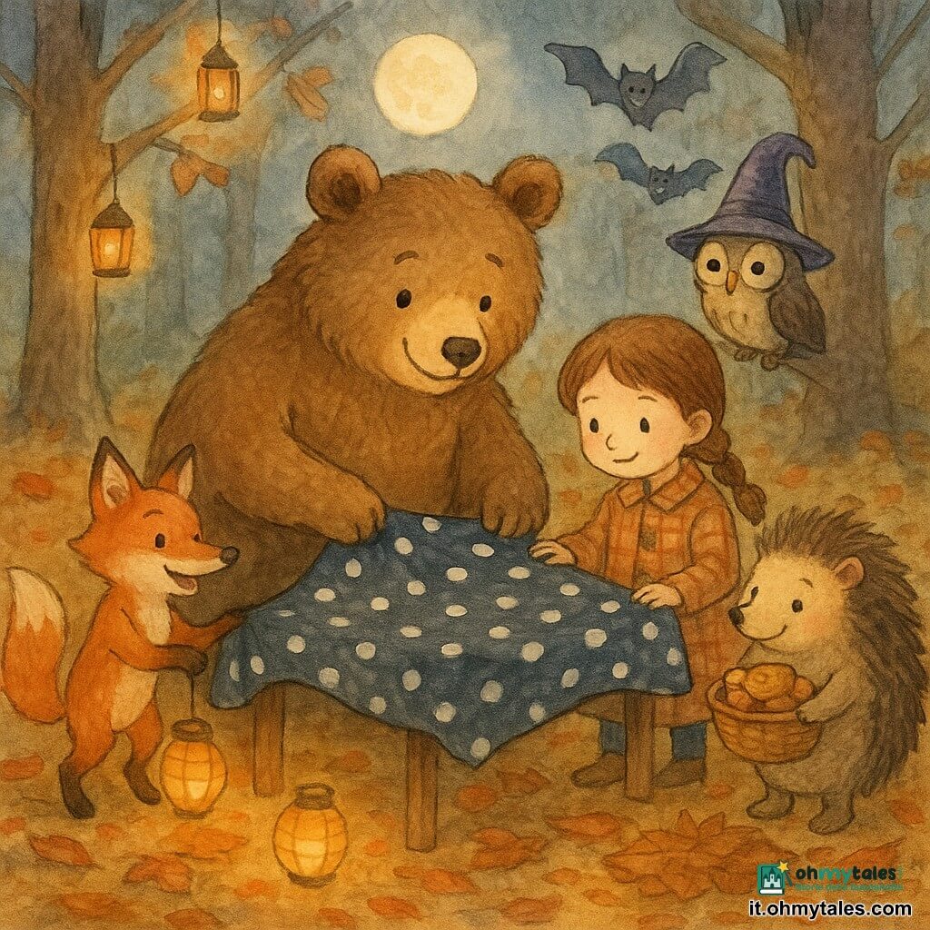 Arturo, un grande orso bruno dal pelo morbido che sistema con un sorriso una lunga tovaglia nera a pois bianchi; Lilla, una piccola volpe rossa che posiziona lanterne di carta; Romano, un riccio rotondo che porta un cesto di biscotti; una bambina con i capelli castani intrecciati che tocca timidamente un pois della tovaglia; attorno, un castoro con una bisaccia lucida, due pipistrelli amichevoli e un gufo magico osservano sorridendo in una radura autunnale con foglie arancioni e rosse, pini scuri, lanterne sospese e una luna pallida: una festa di Halloween dolce e accogliente su toni pastello, luci soffuse e atmosfera incantata.