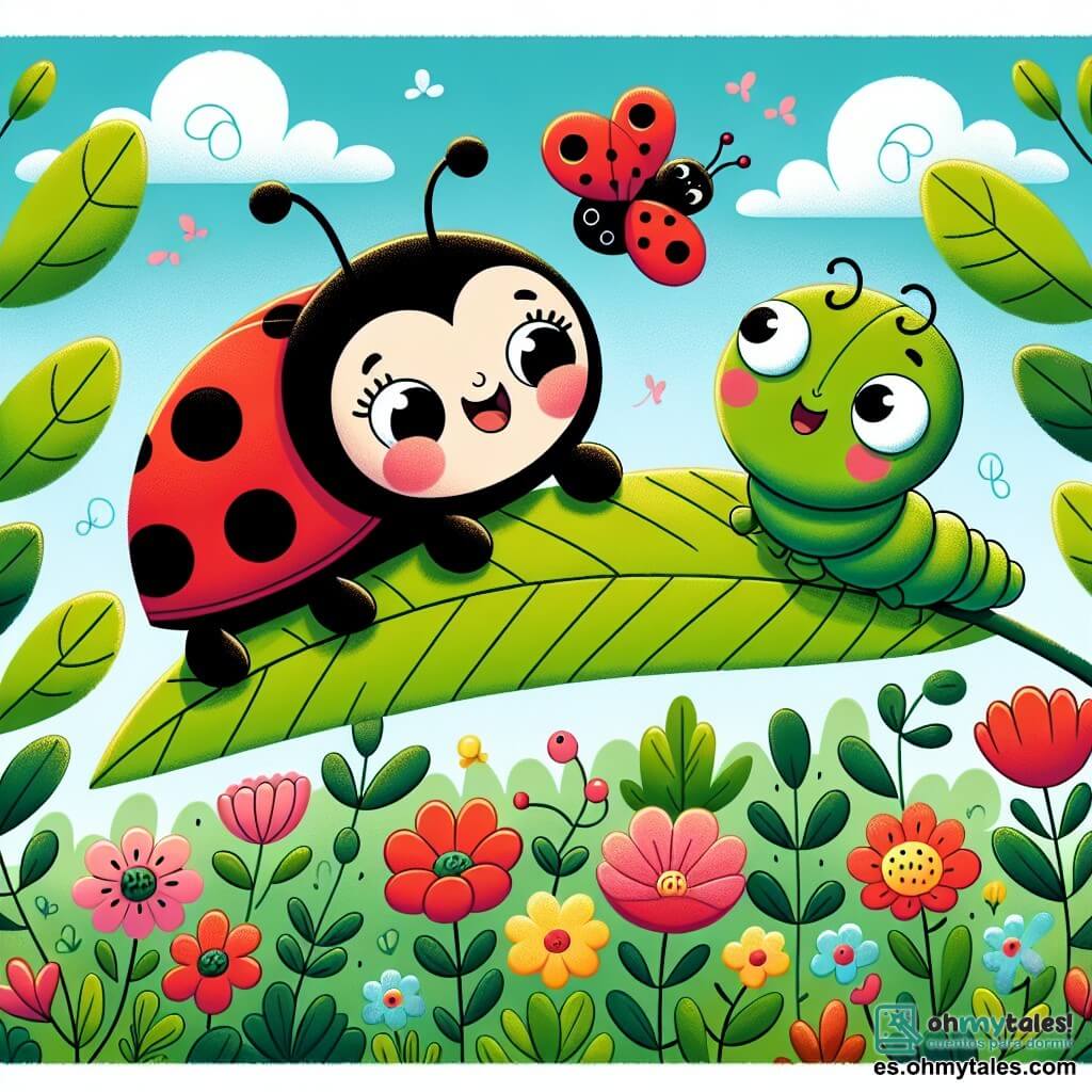 Una pequeña mariquita roja con puntos negros, llamada Lili, vuela alegremente sobre una hoja verde, mostrando una gran sonrisa y ojos brillantes de entusiasmo. Ella intenta ayudar a una oruga verde llamada Oliver, que está atrapada entre dos ramas, luciendo inquieta y triste, con grandes ojos redondos que expresan su angustia. El jardín está colorido, lleno de flores brillantes en tonos vivos de rosa, amarillo y azul, bajo un cielo azul claro salpicado de algunas nubes blancas esponjosas. La escena principal muestra a Lili usando sus pequeñas alas para empujar suavemente la rama, mientras Oliver, con sus pequeñas patas, intenta liberarse, rodeado de la belleza del jardín.
