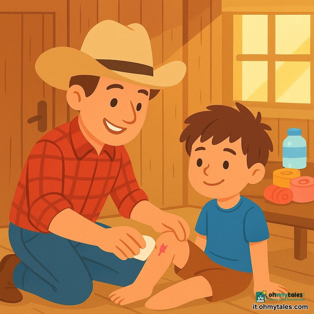 Un cowboy, Marco, sorridente e determinato, indossa un grande cappello da cowboy beige, una camicia a quadri rossa e jeans blu. Sta curando un bambino di circa 6 anni, seduto per terra, con un leggero sorriso di gratitudine. Il ragazzo ha i capelli castani disordinati e indossa una maglietta blu. La scena si svolge in una piccola infermeria di legno, con pareti di tavole e una porta di legno che scricchiola. All'interno ci sono un tavolo di legno rustico, bende colorate e bottiglie d'acqua su uno scaffale. Marco, con dolcezza, pulisce un piccolo graffio sulla gamba del ragazzo, usando una garza bianca. Il sole brilla attraverso la finestra, illuminando la stanza con una luce calda e dorata.