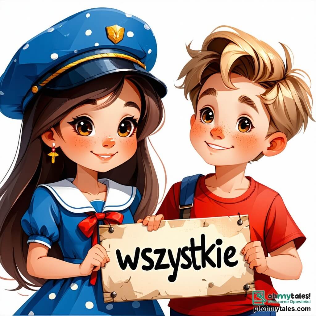 Emilka, ośmioletnia dziewczynka, ma długie brązowe włosy i błyszczące z ciekawości oczy. Nosi niebieską sukienkę w białe kropki i kapelusz marynarski, a na jej twarzy widnieje szeroki uśmiech pełen determinacji. Obok niej Kuba, dziewięcioletni chłopiec, ma rozczochrane blond włosy i czerwoną koszulkę. Patrzy na Emilkę z podziwem, trzymając tabliczkę z napisem "Wszystkie marzenia są możliwe!". Scena rozgrywa się w jasnej klasie, ozdobionej kolorowymi rysunkami i plakatami na temat równości płci. Ściany pomalowane są na jasny żółty kolor, a okna wpuszczają światło słoneczne, rozjaśniając przestrzeń. Emilka prezentuje wystawę na temat zawodów, stojąc przed dużą tablicą wypełnioną rysunkami kobiet w różnych rolach, podczas gdy inne dzieci uważnie jej słuchają, zafascynowane jej entuzjazmem.