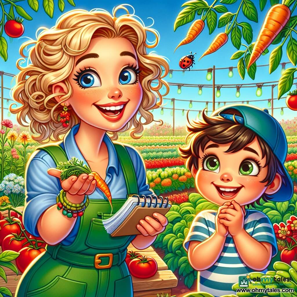 A young woman named Mia, with curly golden hair, is wearing a green overall and yellow rubber boots. She smiles joyfully, her eyes sparkling with excitement, as she holds a small notebook in one hand and a fresh carrot in the other. Next to her, a little boy about 7 years old, wearing a blue cap and a striped t-shirt, watches in wonder a ladybug on a leaf, his eyes wide and bright. In the background, a colorful field of rowed vegetables, with red tomatoes, orange carrots, and green beans, stretches under a bright blue sky. The scene takes place in a sunny garden, where the flowers gently sway in the breeze. Mia and the little boy are discovering the wonders of the garden, laughing and sharing their joy of nature.