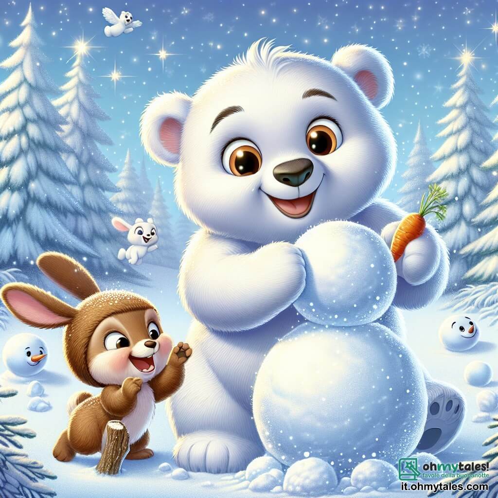 Un giovane orso di peluche di nome Bruno, con un pelo morbido e bianco come la neve, è in piedi al centro della scena, con gli occhi brillanti di eccitazione e un ampio sorriso sul volto. Sta costruendo un grande pupazzo di neve, rotolando con entusiasmo delle palle di neve. Accanto a lui, un coniglietto di nome Nino, con un pelo marrone e grandi orecchie, salta gioiosamente, gli occhi scintillanti di gioia. Tiene una carota tra le zampe anteriori, pronto ad aggiungerla al viso del pupazzo di neve. La scena si svolge in una foresta incantata, dove grandi alberi sono coperti da un spesso manto di neve scintillante. Il terreno è tappezzato di fiocchi bianchi, e fiocchi di neve cadono dolcemente dal cielo azzurro, creando un'atmosfera magica invernale. Bruno e Nino stanno costruendo il loro pupazzo di neve, ridendo e divertendosi insieme, mentre il pupazzo prende forma, con un grande sorriso e un cappello colorato, pronto a prendere vita in questa avventura invernale.