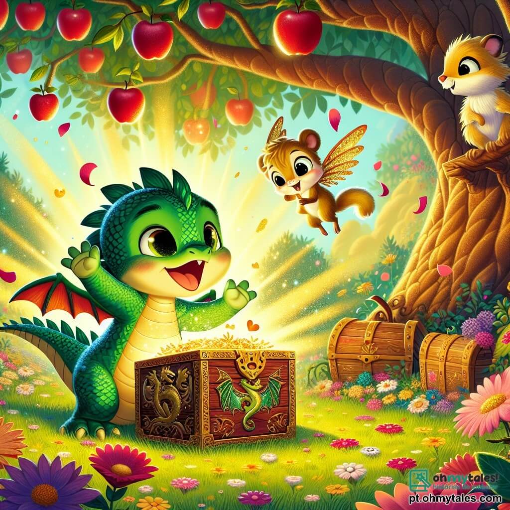 Zulu, um jovem dragão com escamas verdes esmeralda brilhantes, está no centro da cena, com um grande sorriso maravilhado no rosto, segurando uma caixa de madeira ornamentada com padrões de dragões. Seus olhos brilham de curiosidade e excitação ao descobrir o tesouro escondido dentro. Ao lado dele, Pio, um pequeno esquilo alado com penas douradas e olhos brilhantes, salta de alegria, suas pequenas patas levantadas no ar, compartilhando o entusiasmo do amigo. O cenário se passa em um jardim encantador, repleto de flores coloridas que dançam ao vento, com uma velha macieira majestosa ao fundo, suas ramas carregadas de maçãs vermelhas brilhantes sob o sol radiante. A situação principal mostra Zulu abrindo a caixa mágica, cercado por pétalas de flores flutuantes e raios de luz dourada, revelando cartas escritas por seus amigos e familiares, simbolizando o amor e a alegria que o cercam neste dia especial.