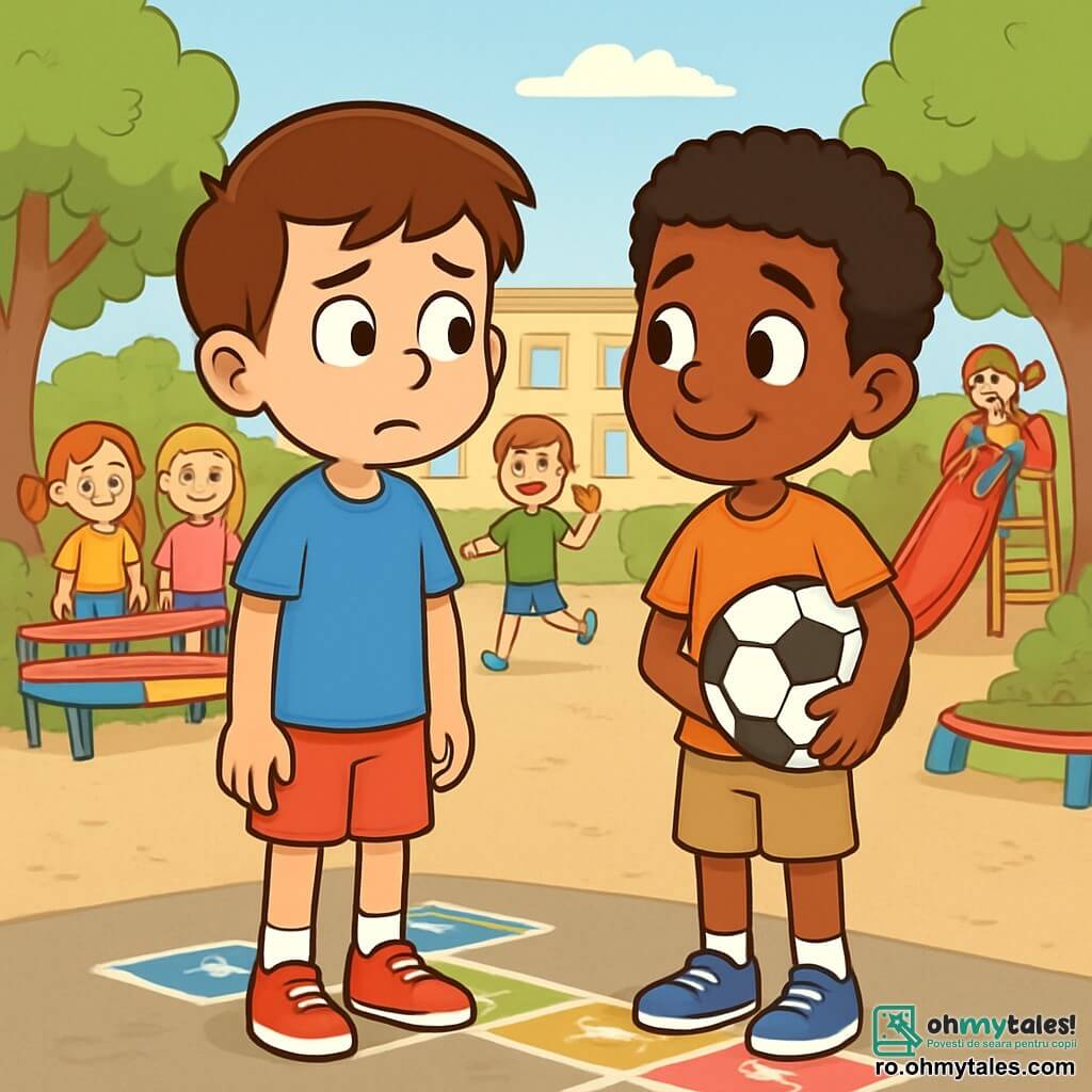 Un băiat de 10 ani, Alex, cu părul brun și ochii strălucitori, stă în centrul curții de recreație. Poartă un tricou albastru și o pereche de pantaloni scurți roșii, având o expresie de ezitare și curiozitate. Lângă el, David, un alt băiat de 10 ani, are părul creț și o piele mai închisă. Zâmbește timid, ținând un mingea de fotbal sub braț, în timp ce îl privește pe Alex cu speranță. Curtea de recreație este plină de culori vii: copaci verzi, bănci multicolore și copii care se joacă în depărtare. Solul este din beton, cu desene de cretă. Situația principală arată întâlnirea lui Alex și David pentru prima dată, înconjurați de alți copii care îi observă. Alex ezită să-l invite pe David să joace fotbal, în timp ce David pare dornic să se alăture, dar un pic nervos.
