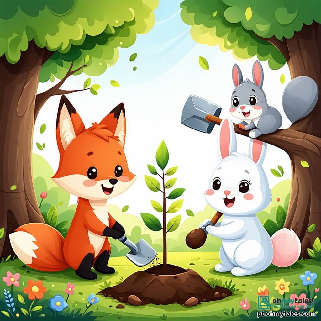 Um pequeno raposo de pelos ruivos brilhantes, com grandes olhos curiosos e um sorriso alegre, está plantando uma jovem árvore em um buraco que ele cavou com suas patas. Ao lado dele, uma coelhinha branca de orelhas longas e suaves, com um olhar entusiasmado, segura uma pequena pá e o incentiva com um grande sorriso. Um esquilo cinza, ágil e travesso, sobe em um galho logo acima, segurando uma pequena noz, enquanto observa com diversão. A cena acontece em uma floresta verdejante, onde majestosas árvores com folhas verdes cercam um solo coberto de flores coloridas e raios de sol filtrando pelas ramificações. Ao fundo, um riacho cintilante flui pacificamente, refletindo o céu azul. Os personagens estão trabalhando juntos para plantar árvores e limpar a floresta, cheios de energia e alegria, mostrando a importância da proteção da natureza.