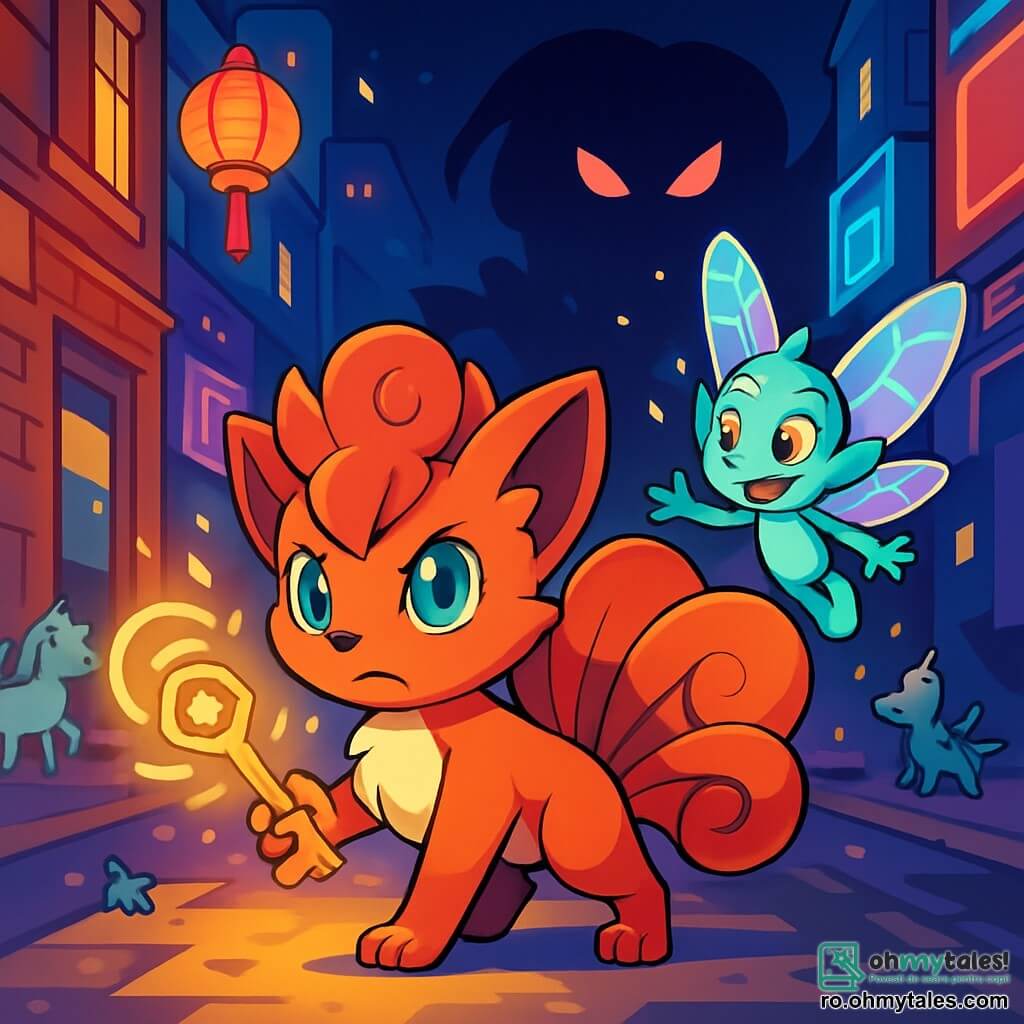 Un tânăr vulpix, Ril, cu un blană roșie strălucitoare și ochi verzi sclipitori, stă în centrul unei străzi aglomerate, având un aer hotărât și curios. Coada sa pufoasă se ridică în spatele lui, captând lumina felinarelor strălucitoare. Lângă el, Zefra, un mic spirit cu aripi de sticlă strălucitoare și piele irizată, zboară vesel, cu ochii strălucind de neastâmpăr și excitație. Decorul este o stradă urbană magică, unde clădiri din cărămidă veche se îmbină cu structuri moderne, iluminate de neonuri colorate și felinare flotante. Creaturi fantastice, precum unicorni miniatură și dragoni de buzunar, se strecoară printre trecători. Scena îi reprezintă pe Ril și Zefra, pregătiți să înfrunte umbra amenințătoare care se întinde asupra orașului, cu scântei de lumină magică emanând din cheia aurie pe care Ril o ține ferm în labe.
