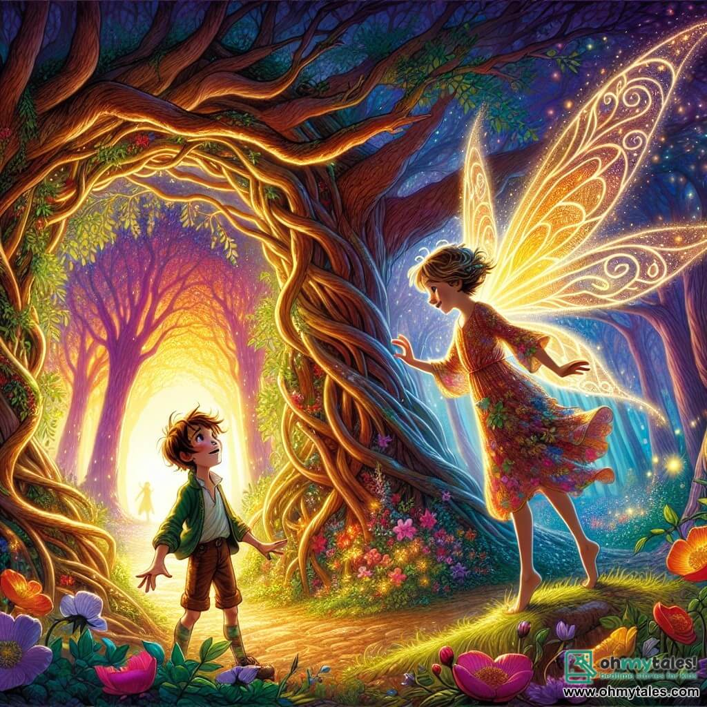 Oliver, a 10-year-old boy with tousled hair and sparkling curious eyes, stands in the center of the image, his face lit up with wonder as he discovers a magical archway made of intertwined branches, illuminated by golden glimmers of light. Beside him, Lila, a graceful fairy about 8 years old with shimmering wings like dewdrops and a dress made of flower petals, hovers slightly above the ground, a supportive smile on her lips. The setting is an enchanted forest, where majestic trees with gnarled trunks rise towards the sky, their shiny leaves dancing in the breeze, and colorful flowers bloom all around, creating a vibrant tableau of bright colors and light. The main scene shows Oliver and Lila standing before the magical archway, ready to enter a fantastical world, surrounded by the glow of magic and the excitement of a new adventure.