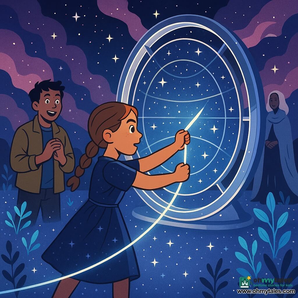 Girl: Elira, determined and awestruck, light brown hair in a braid, midnight-blue dress with silver threads, reaching both hands to insert a huge glowing thread into a large circular polished-metal-and-glass loom; Boy: Merrin, ~16, surprised smiling expression, short tousled hair, khaki jacket, standing slightly left behind Elira with hands clasped; Woman: the Keeper of the Loom, ageless but elderly-looking, moon-colored flowing robe, mysterious silhouette, standing right and slightly back with a faint smile; Setting: a starry plain whose ground looks like stardust under a low sky of pink and violet nebulas, cyan bioluminescent plants in the foreground; Central object: a dominant circular loom with silver rings and luminous threads forming a tapestry studded with tiny stars; Mood and style: soft magical light, high contrast, limited palette of blues, violets, silver and touches of pink, flat shadows, simple geometric shapes, bold outlines, flat color areas, minimal texture, clear readable expressions for children.