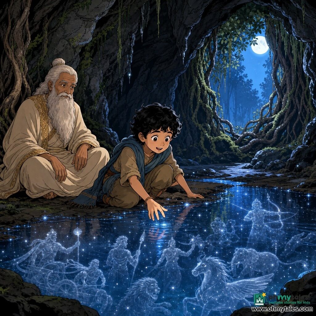 A young boy named Arjun with an oval face, tan skin, slightly curly black hair and wide, smiling, amazed eyes wears a simple earth-toned tunic and a worn blue shawl; he crouches at the edge of a crystalline pool, hand reaching toward its star-patterned reflections, attentive and awed. An elderly sage of about 70, frail but upright with a long white beard and a cream robe embroidered in gold, sits against a banyan root to Arjun’s left, watching benevolently with hands folded on his knees. Translucent, silvery-blue reflections of ancient stellar figures—heroes and mythical animals—appear in the water like faint mirror images. The setting is a damp cave with dark stone walls veined gray-green, fine stalactites and emerald moss, the entrance framed by thick roots and an old banyan; a bluish moonlight glow filters in, casting shimmering reflections on the pool. The scene is contemplative and magical: Arjun discovering the stories of the stars while the sage observes, with deep cave shadows contrasted against silvered water; visual style: clear lines, soft contrasted colors, readable expressions, children’s Franco-Belgian aesthetic, semi-wide framing showing Arjun, the sage and the pool in the foreground.