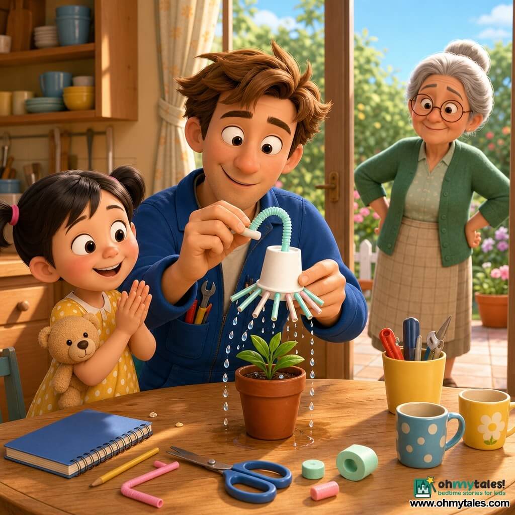 An inventor named Tom, smiling and focused, tousled light brown hair, round mischievous eyes, wearing a blue jacket with pockets full of tools, holds a makeshift plastic watering-hat with a foam brim and soft straw; a five-year-old girl, Mia, with black pigtails and a yellow dress with white polka dots, stands left of Tom holding a teddy and clapping; Mrs. Green, about 70, gray hair in a bun and round glasses, watches fondly from the garden door with hands on her hips; a sunny kitchen opening onto a small garden—light wood table with a blue notebook, soft tools, a potted plant on the window sill, cups, a checkered cloth and warm tiles; Tom tests the watering-hat on a small potted plant on the table as regular drops fall in a circle, Mia applauds and Mrs. Green smiles from the doorway; warm atmosphere, vivid colors, soft textures, composition centered on the table and prototype.