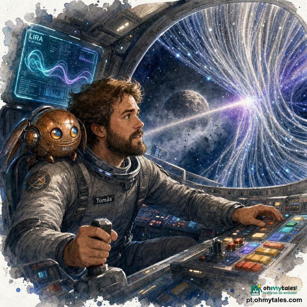 Tomás, biólogo de rosto redondo e barba, com expressão tensa e alívio contido, veste um traje espacial cinza e, com uma mão no painel e outra num manete, olha pela grande cúpula; o drone Mico, pequeno e arredondado cor cobre com asas dobradas e olhos azul-âmbar, repousa no seu ombro direito pronto para voar; a IA Lira surge numa tela traseira como padrões ondulados turquesa e violeta exibindo gráficos; a cabine metálica e compacta tem painéis e uma grande verificação semicircular para o exterior, onde uma nuvem imóvel de fios luminosos, como uma cortina prateada com reflexos azuis, envolve o cenário e, ao fundo, um mundo rochoso enevoado; Tomás ativa uma baliza de confirmação desde o cockpit, um raio atravessa a cúpula e encontra a nuvem que se ilumina em ondas, momento de tensão suspensa.