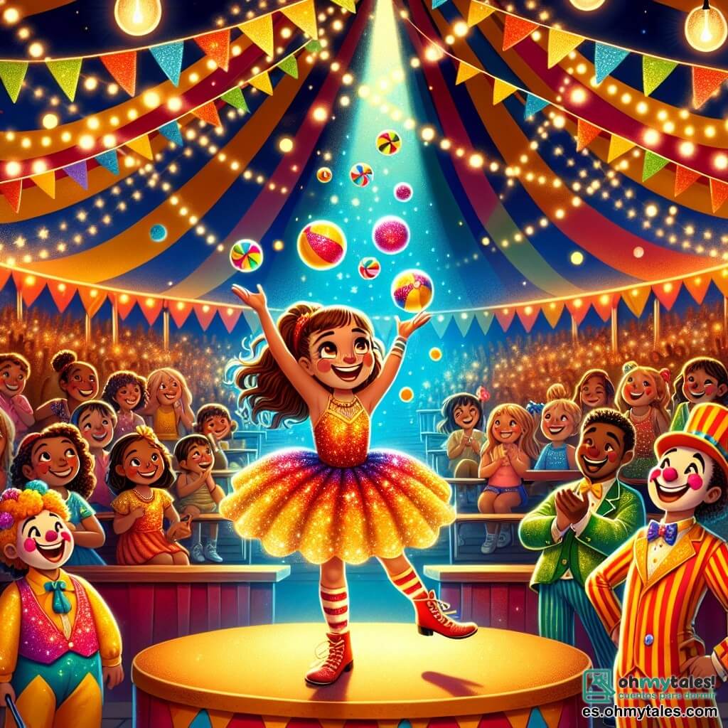 Una niña de 10 años, Clara, con largos cabellos castaños y ojos brillantes de alegría, se encuentra en el centro de la escena, lanzando pelotas de colores al aire con una gran sonrisa. Lleva un traje de circo brillante, adornado con lentejuelas y rayas rojas y amarillas que brillan bajo las luces del circo. A su derecha, Ana, una malabarista experta de unos 25 años, con cabello rubio recogido y una cara sonriente, la anima levantando los brazos, lista para atrapar una de las pelotas. Ana viste un traje llamativo con motivos florales y colores vivos. A la izquierda, Tito, un payaso jovial de unos 30 años, con nariz roja y maquillaje colorido, ríe mientras sostiene una gran tarta de crema, listo para hacer una broma. Lleva un traje a rayas multicolores y grandes zapatos cómicos. El lugar es una gran carpa de circo, con luces brillantes colgando del techo y espectadores sentados en bancos de madera, todos cautivados por el espectáculo. La escena principal muestra a Clara, llena de determinación y alegría, haciendo malabares con las pelotas, mientras una de ellas vuela demasiado alto, creando un momento de sorpresa y risa entre el público y los artistas.