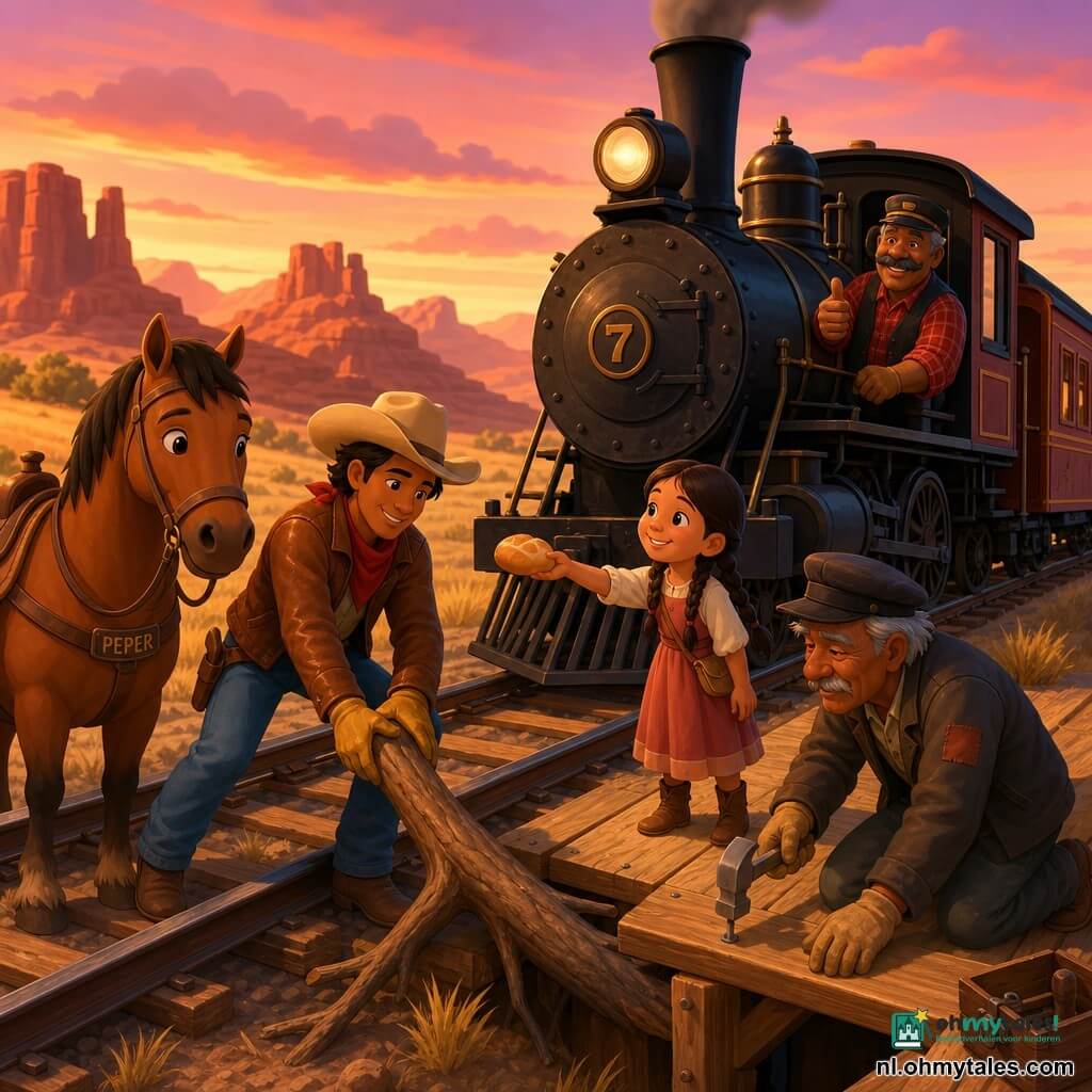 Een glimlachende, geconcentreerde cowboyman met brede beige hoed, bruine leren jas en rood sjaaltje duwt een dikke tak van de rails naast zijn paard; rechts een stationschef van circa 40 met grijze snor en geruite blouse steekt vanuit het raam van een stilstaande stoomlocomotief een duim op; een oude brugwerker van circa 65 knielt bij een houten plank met versleten jas en hamer en spijkert een plank; een ongeveer 6‑jarig meisje met vlechten en eenvoudige jurk reikt een broodje vanaf het perron naar de cowboy en lacht; het paard Peper is bruin met bewegende staart en staat dicht bij de cowboy; locatie: droge vallei met gele grassprieten, rode rotsen, houten rails en een oude zwarte stoomlocomotief bij een houten brug, zonsondergangshemel oranje‑roze; sfeer: heroïsch en rustig, gemeenschap die samen de weg vrijmaakt en een plank repareert, heldere composities, warme kleuren, zacht licht en eenvoudige vormen geschikt voor kinderen.