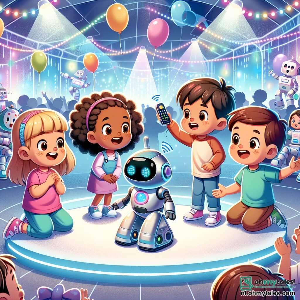 In het midden van de afbeelding staan vier kinderen van vijf jaar vrolijk in een grote futuristische ruimte. Links staat Lila, een meisje met lang blond haar, in een roze T-shirt met een grote glimlach erop. Ze kijkt met verwondering naar een robot die naast haar danst. Rechts staat Sam, een jongen met kort bruin haar, die lacht en naar de robot wijst. Hij draagt een blauw T-shirt. Achter hen straalt Noor, een meisje met krullend zwart haar, van blijdschap in een paars T-shirt terwijl ze de robot applaudisseert. Ten slotte staat Max, een jongen met kastanjebruin haar, iets verder weg in een groen T-shirt, met een afstandsbediening om de robot te besturen.

De achtergrond is een grote futuristische tent met doorschijnende muren, gevuld met kleurrijke lichten en glinsterende gadgets. Robots van verschillende vormen en maten zijn actief rondom hen, wat een feestelijke sfeer creëert. Ballonnen zweven aan het plafond en tafels zijn gevuld met heerlijke snacks.

De hoofdscène toont de kinderen die hun robot presenteren in een vrolijke sfeer, met gelach en applaus dat om hen heen weerklinkt. De robot, met grote expressieve ogen, danst op een leuke manier en trekt de aandacht van alle aanwezige kinderen.