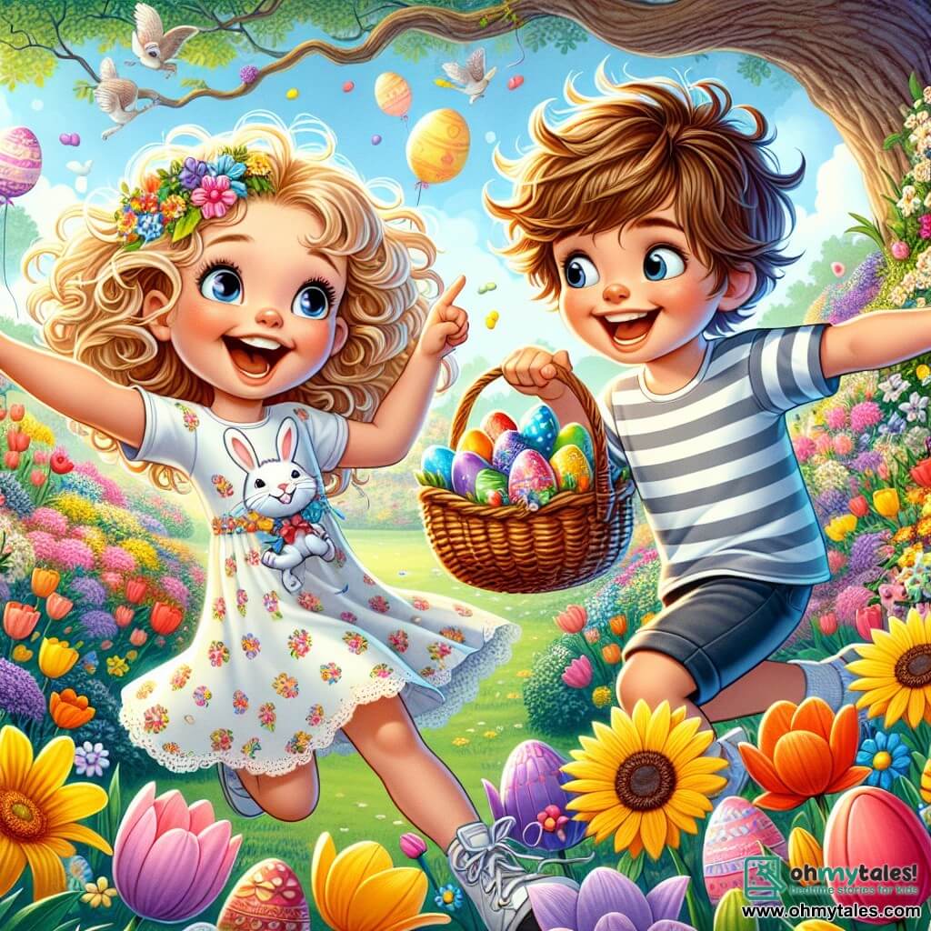 An 8-year-old girl named Lily, with curly golden hair and sparkling joyful eyes, is jumping for joy in a colorful garden surrounded by vibrant flowers. She wears a light dress with bunny patterns and holds a wicker basket filled with colorful Easter eggs. Next to her is her friend Max, an 8-year-old boy with messy brown hair and a big smile, pointing at a shimmering egg hidden behind a tall sunflower. He is wearing a striped t-shirt and shorts, looking just as excited as Lily. The garden is filled with tulips, daisies, and tall sunflowers swaying gently in the sun. Colorful balloons float in the air, and a majestic oak tree stands in the background, providing shade and a magical atmosphere. The main scene shows Lily and Max in the middle of an Easter egg hunt, discovering hidden eggs while laughing and having fun, with a sense of joy and wonder lighting up their faces.