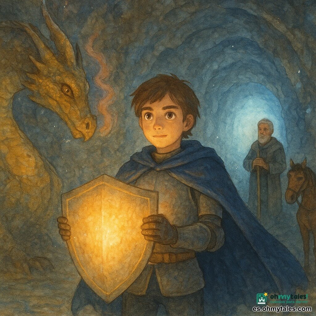 Un joven caballero, Álvaro, en el centro con rostro decidido y dulce, armadura ligera de acero patinado y capa azul noche, sostiene con ambas manos un brillante escudo que emite una cálida luz dorada; a la izquierda, un dragón adulto imponente pero benevolente, escamas doradas irisadas y ojos ámbar, se curva como ofreciendo el escudo y exhala bocanadas de aliento coloridas; al fondo a la derecha, en la entrada de la caverna, su mentor Sir Rodrigo (≈60 años) de cabello blanco y barba corta, con las manos sobre su bastón y mirada serena; el caballo Brío, alazán brillante, está atado cerca de la entrada y mira a Álvaro; la escena ocurre en una cueva amplia y abovedada con paredes de piedra rugosa y cristales brillantes, suelo húmedo que refleja la luz del escudo y estalactitas en el techo; la iluminación principal proviene del escudo, luz dorada cálida contrastando con reflejos azulados de la salida, creando una atmósfera mágica e íntima; composición en plano medio con ligera contrapicada para realzar al caballero y al dragón, profundidad marcada por la entrada luminosa; paleta de tonos dorados cálidos, azules profundos y grises piedra, texturas de acuarela granulada, lavados suaves y bordes ligeramente difuminados para un acabado tierno e infantil.