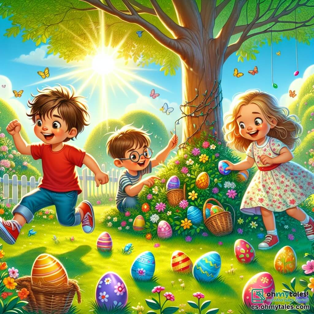 En un jardín soleado, tres amigos están en plena búsqueda de huevos de Pascua. Lucas, un niño de 8 años con cabello castaño desordenado y una camiseta roja, salta de alegría cerca de un gran árbol. Sofía, una niña de 7 años con cabello largo y rubio, lleva un vestido de flores y señala un huevo escondido detrás de una rama. Tomás, un niño de 8 años con gafas y cabello castaño, está agachado examinando un huevo azul brillante que acaba de encontrar en la hierba. El jardín está lleno de flores coloridas, mariposas revoloteando y huevos de Pascua multicolores escondidos por todas partes. Los amigos ríen y se animan mutuamente, creando una atmósfera alegre y festiva, llena de magia y asombro.