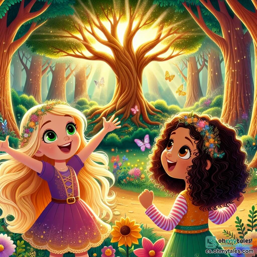 En un hermoso Bosque Encantado, dos niñas, Lucía y Sara, están en el centro de la escena. Lucía, de 8 años, tiene largos cabellos dorados que brillan al sol y ojos verdes. Sonríe alegremente, con los brazos levantados, como si estuviera cantando. A su lado, Sara, también de 8 años, tiene cabello negro y rizado, y ojos marrones. Lleva un vestido colorido y mira a Lucía con entusiasmo, con las manos juntas frente a ella. Alrededor, el Bosque Encantado está lleno de grandes árboles con troncos gruesos y hojas brillantes, iluminadas por una suave luz dorada. Flores multicolores crecen a sus pies, y mariposas brillantes danzan en el aire, añadiendo un toque de magia al entorno. Al fondo, un árbol majestuoso, el corazón del Bosque, se alza con ramas extendidas. Sus hojas son opacas, pero una luz dorada comienza a emanar del corazón de las dos niñas, iluminando el paisaje. La escena captura el momento en que cantan juntas, uniendo sus voces para dar vida al árbol mágico, simbolizando la fuerza de su amistad.