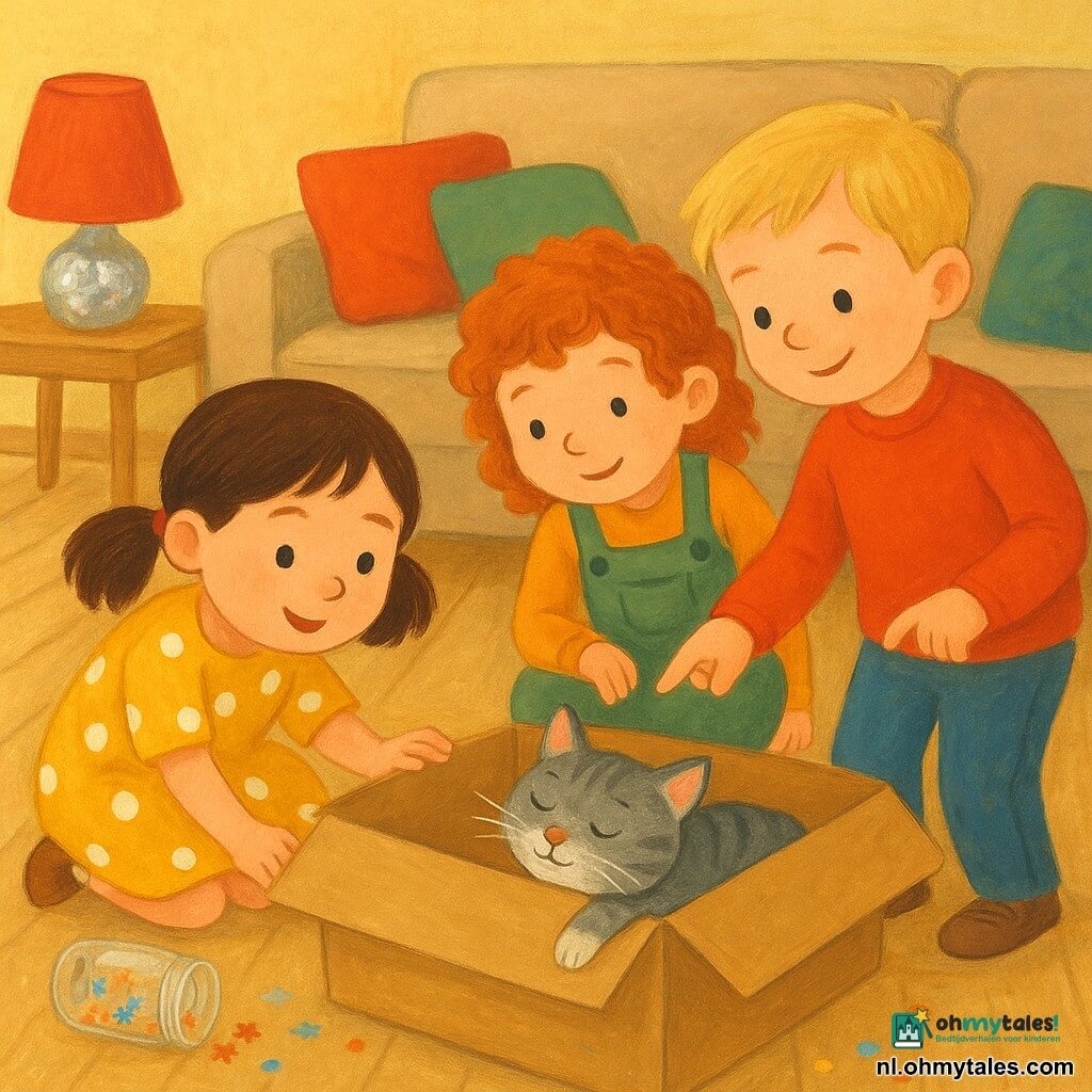 Vier personages: Noor, meisje 4 jaar, bruin haar in twee staartjes, gele jurk met witte stippen, gehurkt links, voorzichtig hand uitgestoken naar de kat; Sam, jongen 4 jaar, kort lichtblond haar, rode trui, rechts, wijst met een nieuwsgierige glimlach naar de doos; Lina, meisje 4 jaar, rood krullend haar, groene tuinbroek, achter Noor, handen op knieën, gebogen om te kijken; Kattom, mannelijk katje, grijs gestreept met witte pootjes en glinsterende glans rond de snuit, ligt spinnend in een open kartonnen doos bekleed met zilverpapier. Plaats: gezellig, licht woonkamer met licht houten vloer, omgekeerd glazen potje met stickers, kruimels op de grond, lamp in een met aluminium beklede doos, grote beige bank met kleurrijke kussens. Hoofdsituatie: de drie kleuters ontdekken de kat in de zilverbeklede doos, warme vrolijke scène met verbaasde en vertederde gezichten, verspreide glitters en zachte pasteltinten.