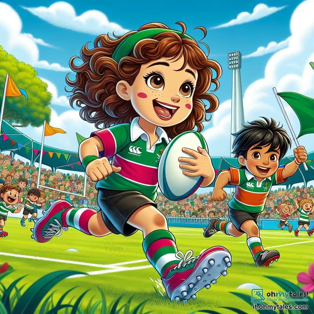 Una ragazza di 12 anni, Sofia, con i capelli ricci e castani e occhi scintillanti di gioia, corre su un campo da rugby verde, con un ampio sorriso sul volto. Indossa una maglietta da rugby colorata e un pantaloncino, tenendo saldamente un pallone da rugby sotto il braccio, piena di energia e determinazione. Accanto a lei, Marco, un ragazzo di 12 anni con capelli neri e occhi marroni, la incoraggia con un grande sorriso, indossando la maglietta della squadra e tenendo un altro pallone da rugby. Si trova leggermente indietro, pronto a passarle la palla. Il campo è circondato da spettatori entusiasti, con alberi verdi sullo sfondo e un cielo blu splendente. Bandiere colorate sventolano ai lati, aggiungendo un'atmosfera festosa alla scena. Sofia sta correndo verso la linea di meta, pronta a segnare un punto decisivo per la sua squadra, mentre l'eccitazione e l'adrenalina si leggono sul suo volto.
