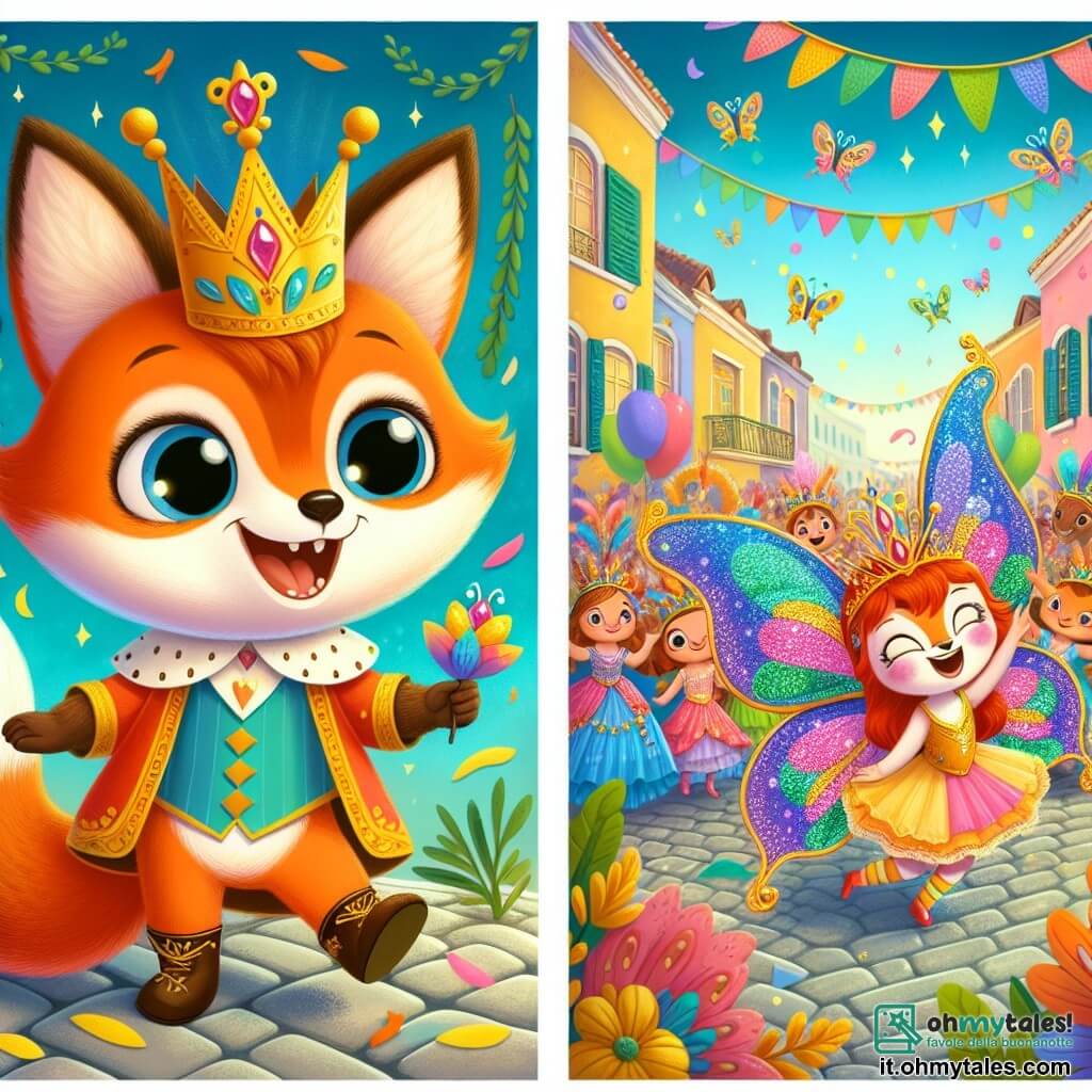 Un piccolo volpe di nome Riccio, con un pelo arancione brillante e grandi occhi curiosi, indossa una corona di carta dorata e un costume da re. Sorride con entusiasmo, saltellando gioiosamente in mezzo a una festa di carnevale colorata. Accanto a lui, una bella farfalla di nome Bella, con ali multicolori che brillano come arcobaleni, volteggia nell'aria, mostrando un sorriso radioso e incoraggiando Riccio a ballare. Lo scenario è un villaggio incantevole, pieno di strade acciottolate, case con facciate pastello decorate con festoni e un cielo blu splendente dove fluttuano palloncini colorati. Gruppi di persone in costumi sgargianti ballano e ridono intorno a loro, creando un'atmosfera gioiosa e festiva. La scena principale mostra Riccio e Bella mentre ballano in mezzo alla festa, circondati da risate e musica, mentre Riccio tiene orgogliosamente un frutto blu scintillante, simbolo della loro avventura magica.