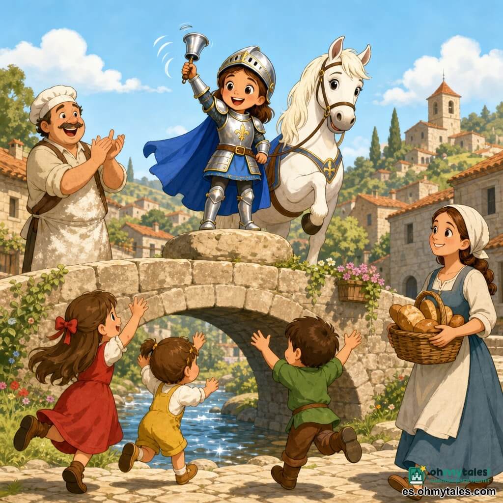 La caballera Alba, alegre y orgullosa, sonrisa radiante y ojos brillantes, casco plateado pulido, capa azul ondeante y armadura ligera con detalles dorados, sostiene una pequeña campanilla de plata sobre una piedra; Brisa, el caballo blanco, a su lado con crin sedosa y mirada dulce, levantando una pata junto a la piedra; al fondo a la izquierda, el panadero de unos 40 años con delantal enharinado aplaude con amplia sonrisa y lleva un pequeño sombrero redondo; tres niños corren hacia el puente: una niña de 6 años con vestido rojo, una niña de 4 años con peto amarillo y un niño de 7 años con camisa verde, saltan y levantan los brazos desde la base del puente; a la derecha, una madre de unos 30 años camina con una cesta de pan hacia la multitud; escenario: puente de piedra claro sobre un río pequeño y brillante, adoquines irregulares, orillas verdes y casas de piedra con tejados rojos a lo lejos bajo un cielo luminoso; escena principal: Alba en una roca del puente haciendo sonar la campanilla din-don y los aldeanos, niños y adultos, que salen alegres para la fiesta; luz cálida, colores vivos y ambiente acogedor y reconfortante.