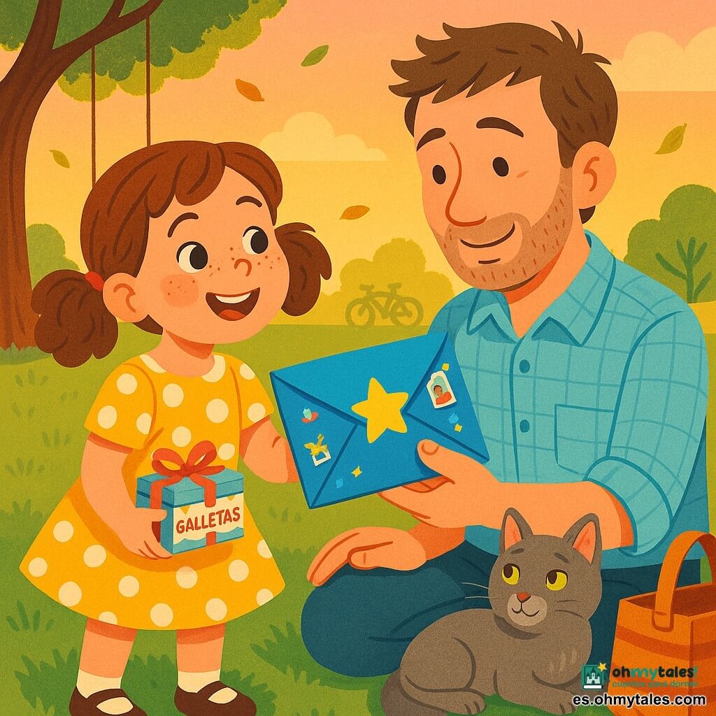 Niña de 8 años, Ainhoa, feliz y orgullosa, rostro redondo con pecas, cabello castaño rizado en dos coletas, vestido amarillo con lunares blancos; ofrece un gran sobre azul con estrella dorada y una caja pequeña de galletas con lazos al padre, un hombre de 35–40 años con sonrisa tierna, barba ligera y camisa de cuadros azul claro, sentado en la hierba y recibiendo el sobre con una mano mientras apoya la otra en el hombro de la niña; junto a ellos, un gato gris llamado Calcetín de ojos verdes tumbado junto a una bolsa de picnic; lugar: parque al atardecer con césped verde, un árbol con cuerda de columpio, cielo naranja-rosado y hojas cayendo; escena afectuosa y familiar con el sobre abierto mostrando dibujos y stickers; estilo: ilustración vectorial nítida, colores saturados, formas simples y sombras suaves, con detalles gráficos visibles.
