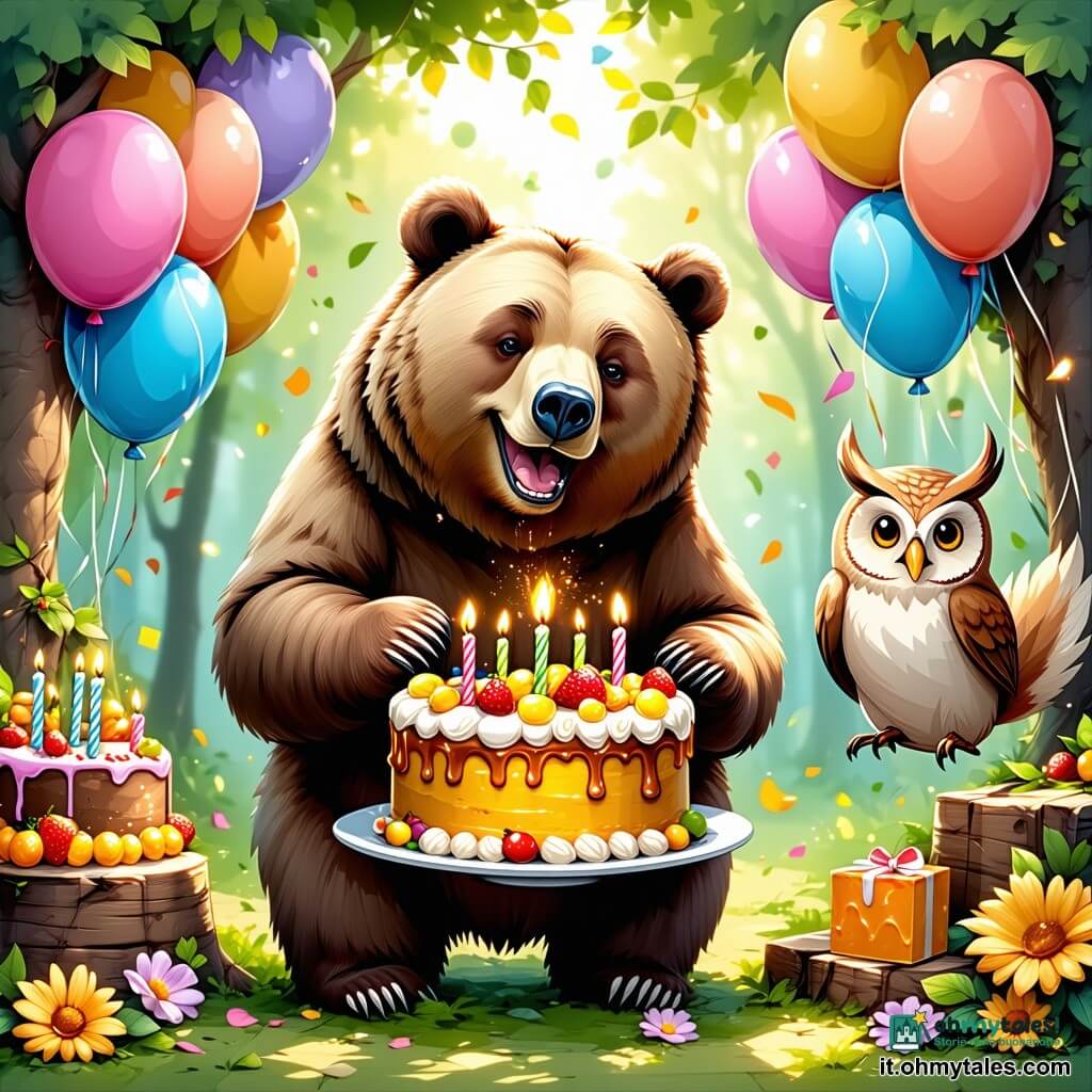 Un grande orso bruno di nome Berto, con un sorriso gioioso e occhi scintillanti, si trova al centro di un prato soleggiato, circondato da palloncini colorati e ghirlande di fiori. Sta soffiante sulle candeline di una magnifica torta al miele, decorata con frutti di bosco e fiori di zucchero, con un'espressione di eccitazione e felicità sul volto. Accanto a lui, un piccolo scoiattolo dai peli rossi e occhi brillanti, di nome Chippy, salta di gioia, tenendo un piccolo regalo tra le zampe anteriori, con un sorriso radioso. Un gufo saggio, posato su un ramo, osserva la scena con uno sguardo benevolo, le sue piume grigie e bianche si mescolano al verde delle foglie, mentre sorride dolcemente, orgoglioso del suo amico. La scena si svolge in un prato verdeggiante, baciato dalla luce dorata del sole, con fiori colorati sparsi intorno e bolle scintillanti che fluttuano nell'aria, creando un'atmosfera magica e festosa. In mezzo a questa festa di compleanno, Berto è circondato dai suoi amici, pronti a celebrare insieme, pieni di gioia ed entusiasmo.
