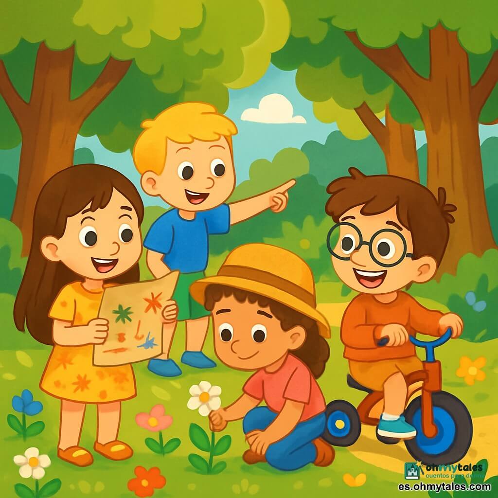 Hay 4 niños: - Lucía: una niña de 8 años, con cabello largo castaño y ojos brillantes. Lleva un vestido amarillo con flores y sostiene un mapa del tesoro. - Tomás: un niño de 9 años, con cabello corto y rubio, que lleva una camiseta azul y un pantalón corto verde. Está señalando una planta. - Carla: una niña de 8 años, con cabello rizado y un sombrero de paja. Lleva una camiseta rosa y un pantalón de mezclilla. Está agachada, observando una pequeña flor. - Emilio: un niño de 7 años, con cabello castaño y gafas. Lleva un sudadera roja y un pantalón corto. Está sentado en su triciclo, sonriendo alegremente. Los niños se encuentran en un hermoso bosque verde, rodeados de árboles majestuosos con troncos gruesos y hojas brillantes. Flores coloridas salpican el suelo, y un suave rayo de sol filtra a través de las ramas, creando un juego de sombras danzantes. La situación principal de la historia muestra a los niños preparando un juego de pistas ecológico. Ríen e intercambian ideas, mientras dibujan plantas y animales en hojas de papel. La atmósfera es alegre y llena de energía, con risas resonando en el aire fresco de la mañana.